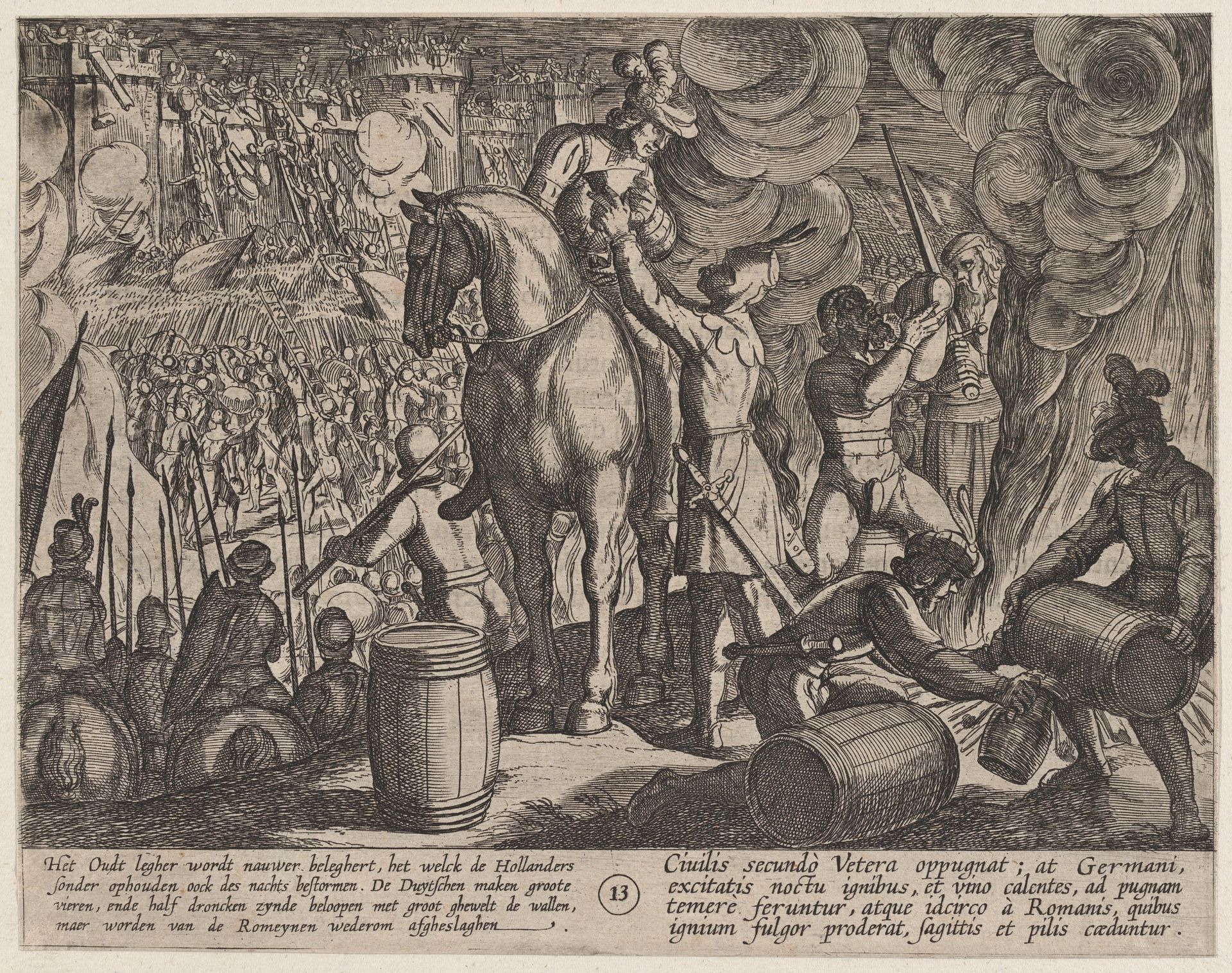 Plate 13: Attack on the Roman Fortress at Night, from The War of the Romans Against the Batavians (Romanorvm et Batavorvm societas) by Antonio Tempesta