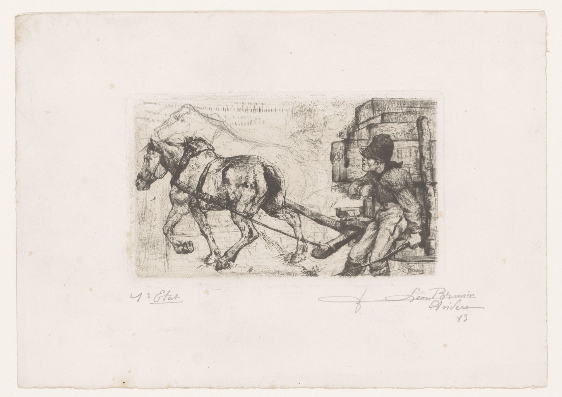 Wagenmenner leidt een tweespan dat een zwaar beladen kar trekt by Léon Brunin