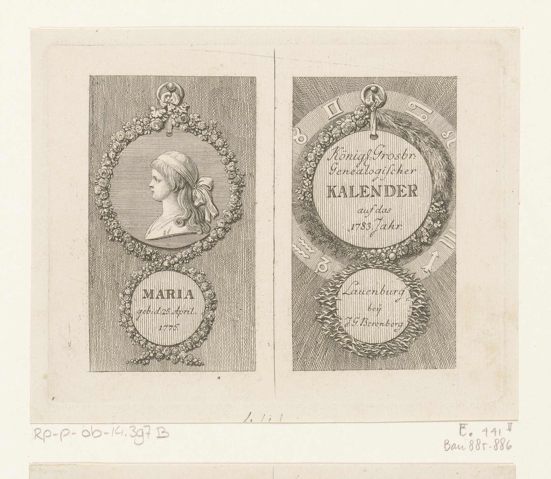 Portret en titelpagina voor de Lauenburg kalender 1783 by Daniel Nikolaus Chodowiecki