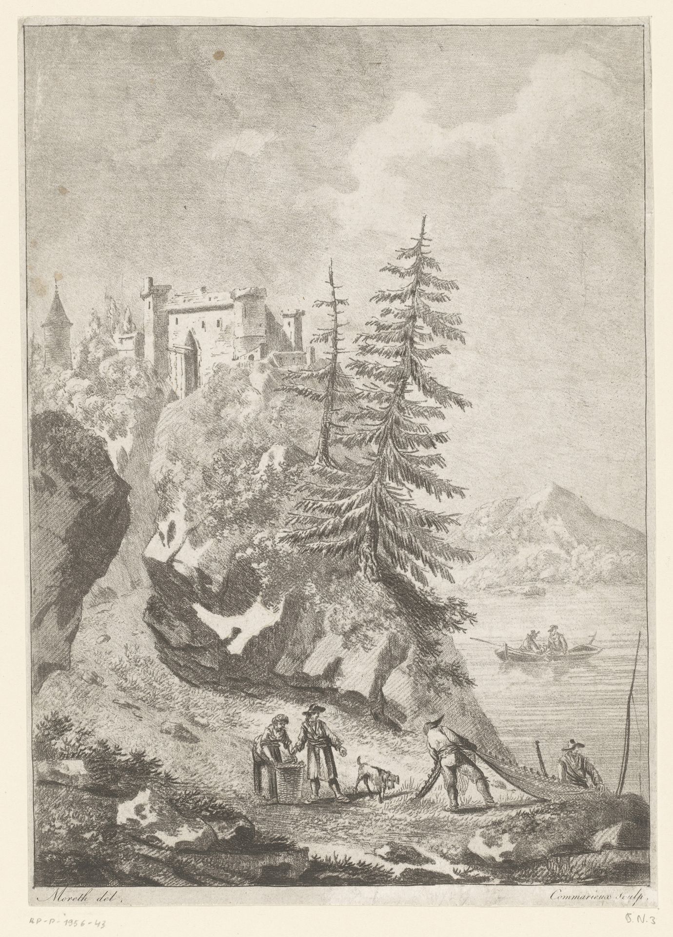 Landschap met kasteel en vissers bij een meer by J. Commarieux