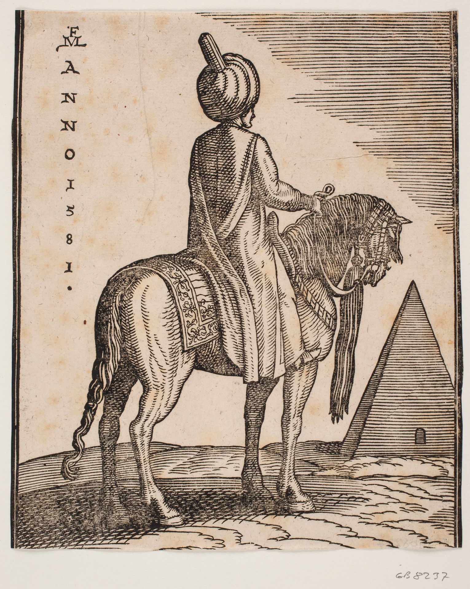 Turbanbærende, ubevæbnet rytter set skråt bagfra; t.h. i baggrunden en pyramide by Melchior Lorck