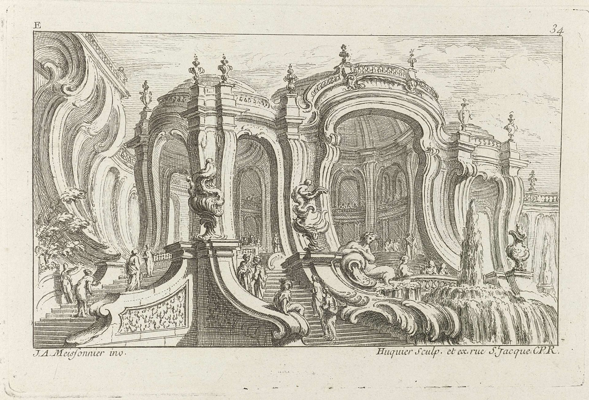 Rococo paleis met fontein, waterval en trappen by Gabriel Huquier