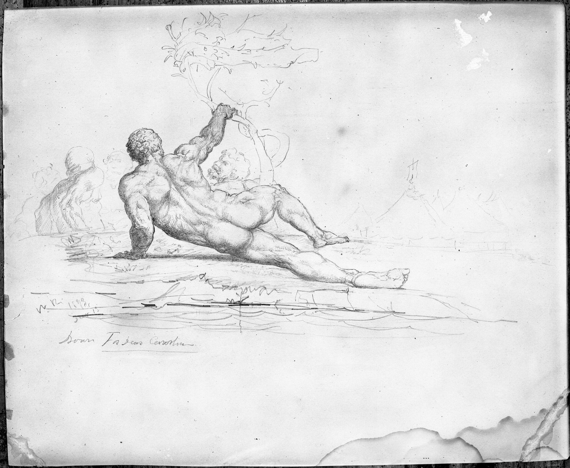 Nude Male Grasping Tree and other figures; verso: Study for Job (?) by William Rimmer