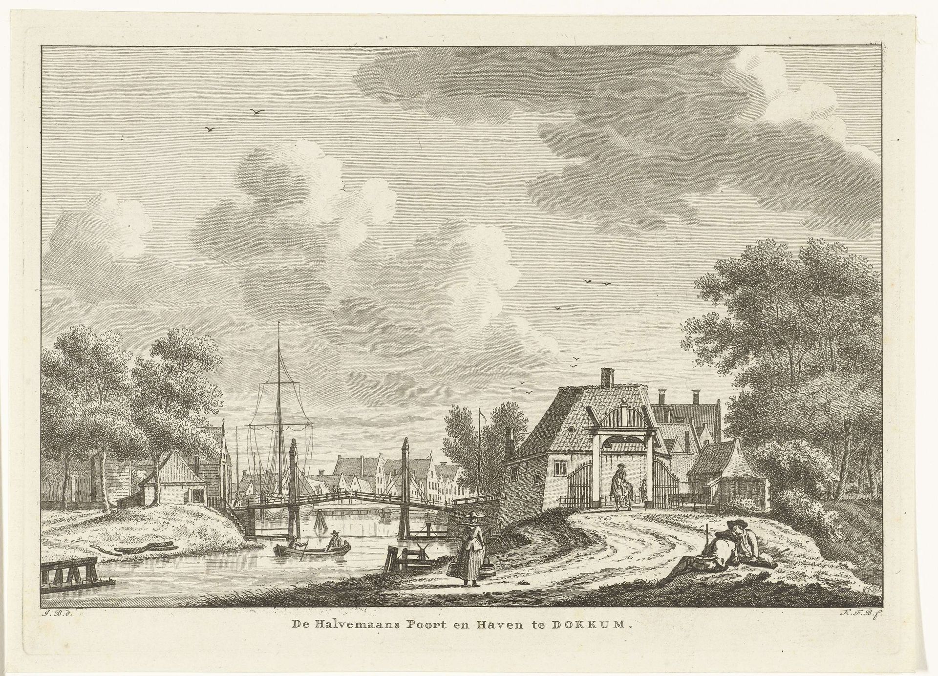 Stadsgezicht met Halvemaanspoort en haven te Dokkum by Carel Frederik (I) Bendorp