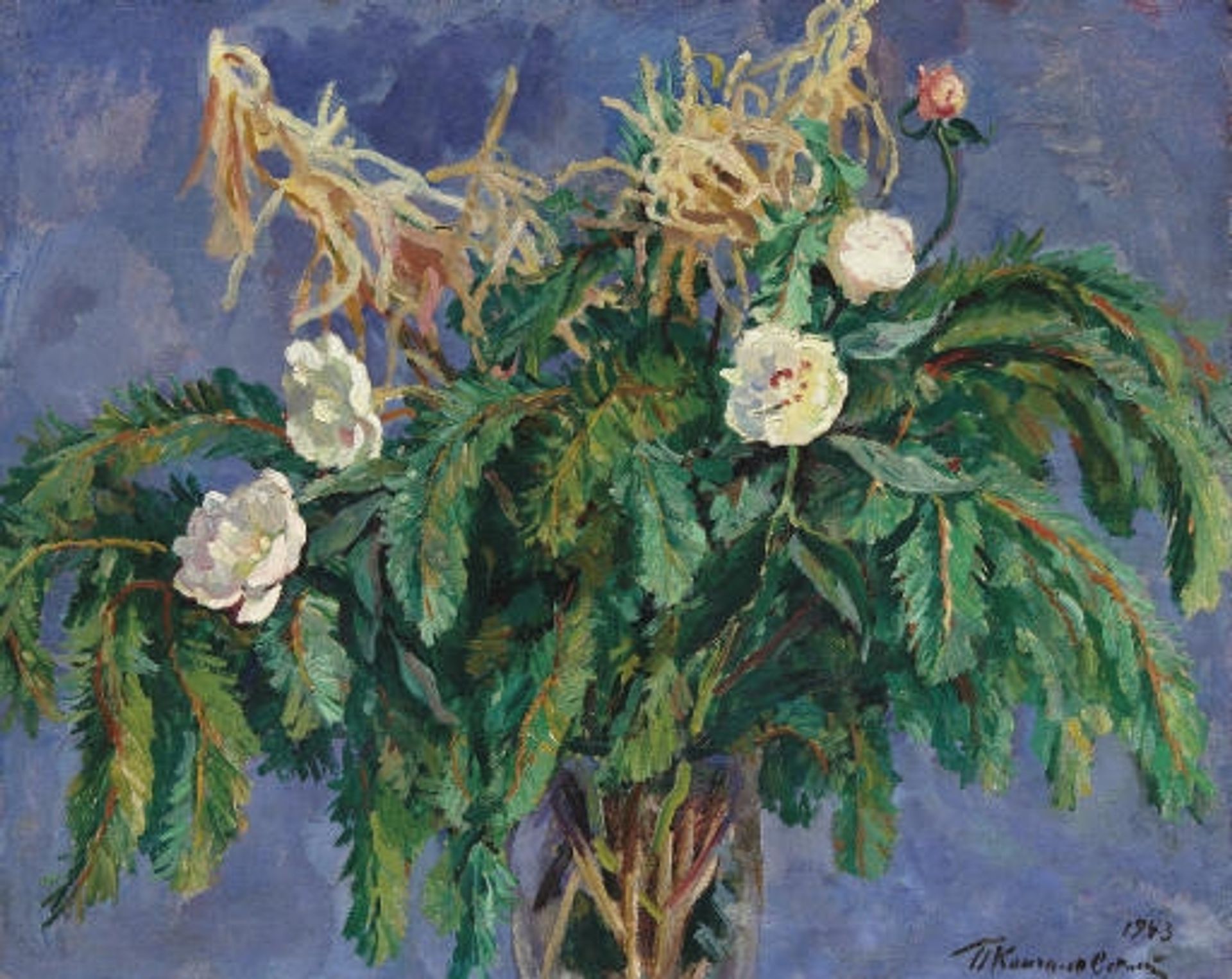 Still Life. Peonies and spruce branches. by Pyotr Konchalovsky