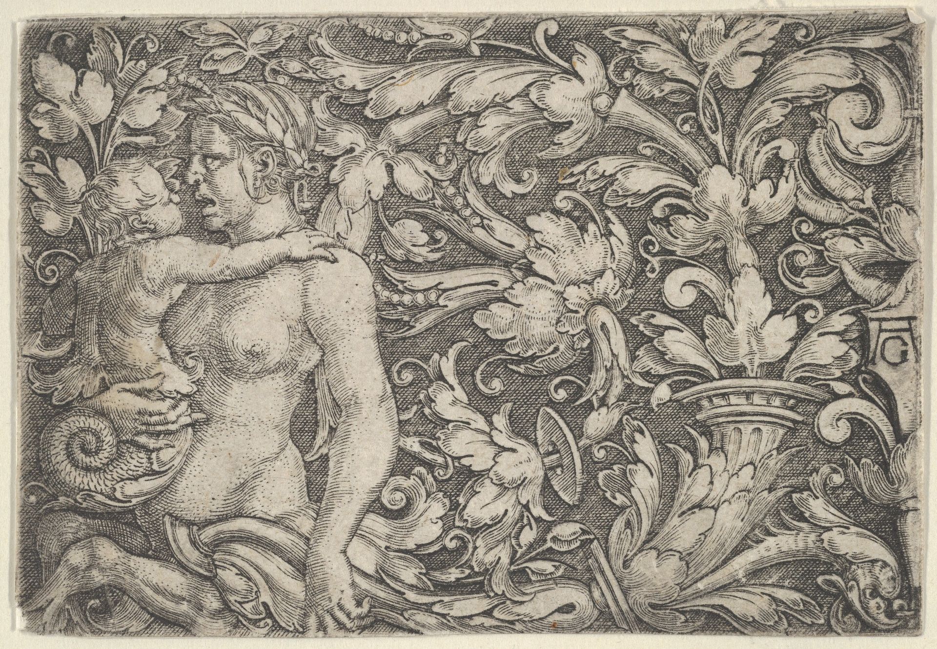 Horizontal Panel with Triton and Child Surrounded by Foliage by Heinrich Aldegrever