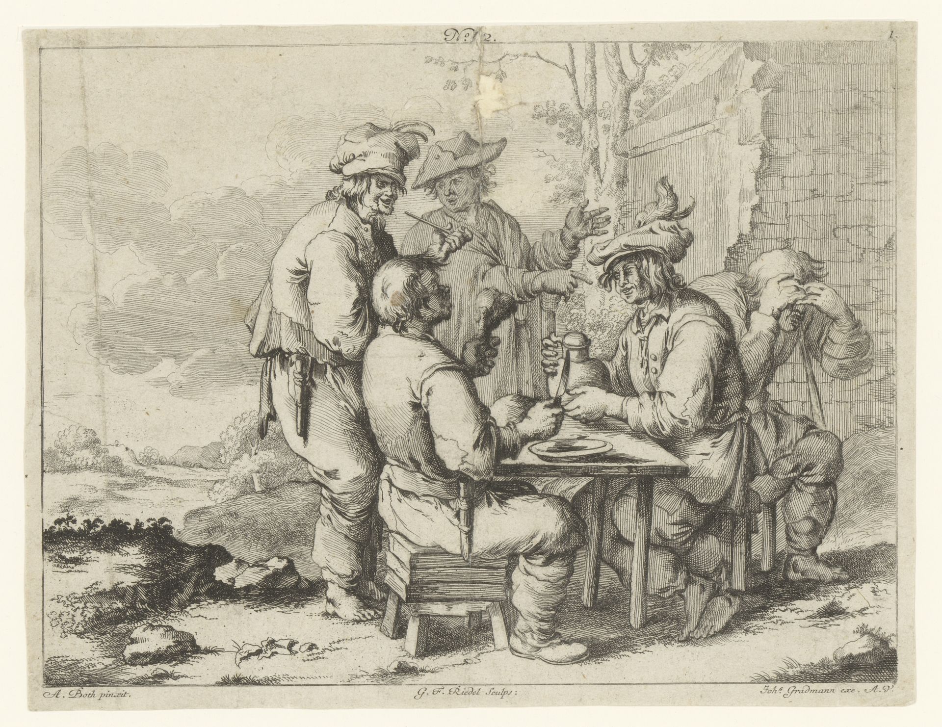 Vijf boeren aan tafel in de buitenlucht by Gottlieb Friedrich Riedel
