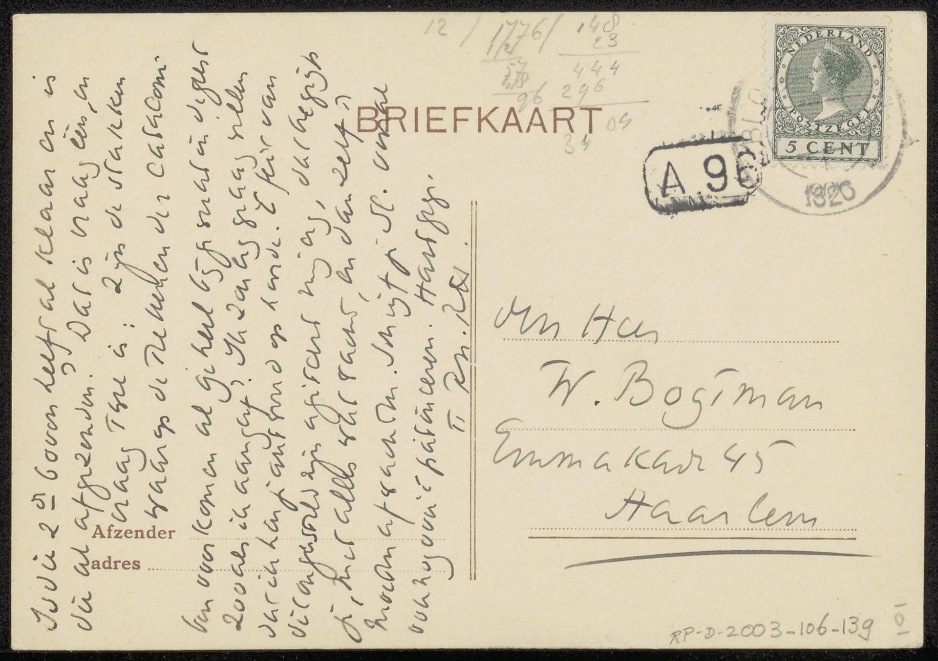 Briefkaart aan Willem Bogtman by Richard Nicolaüs Roland Holst