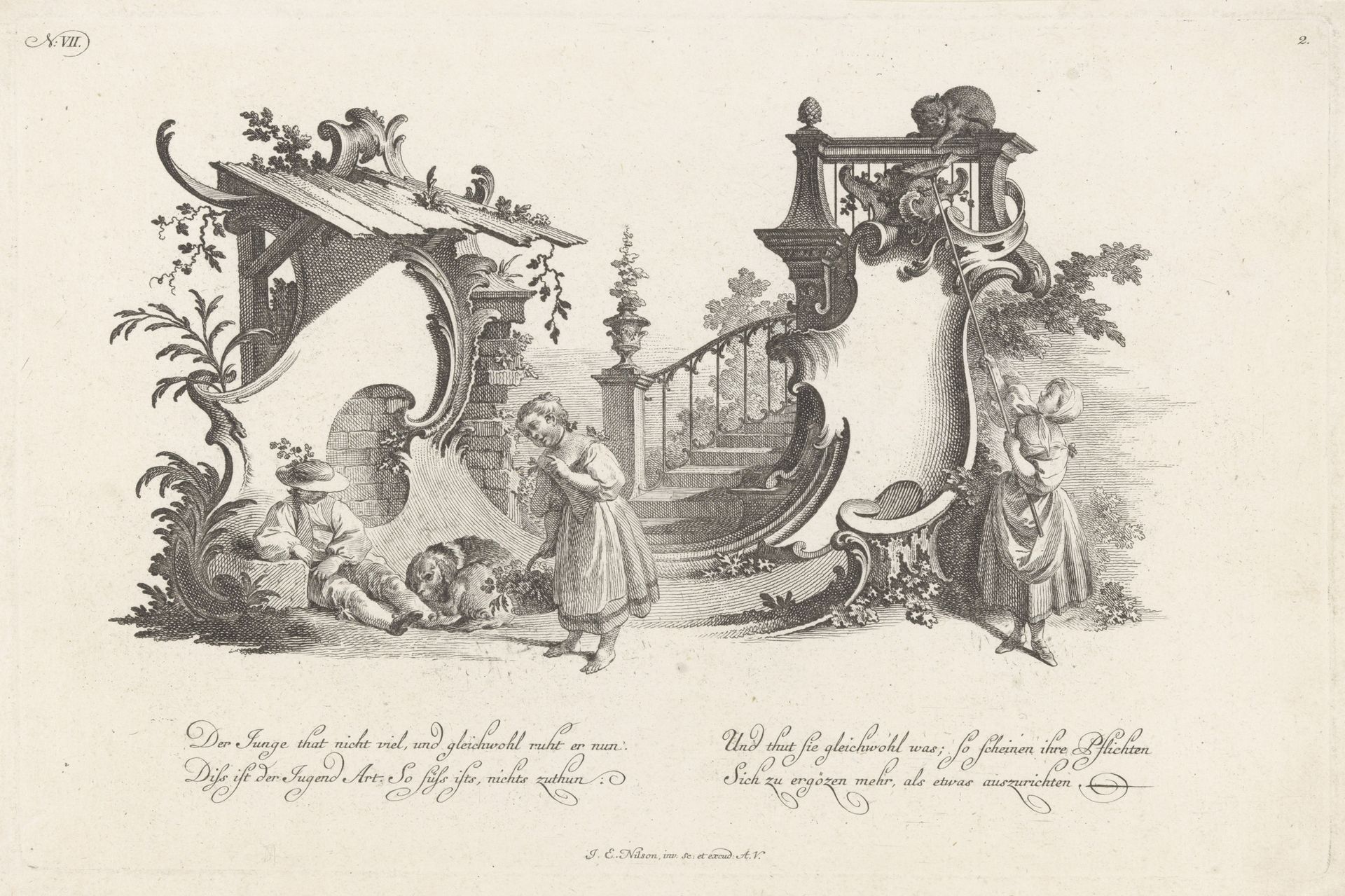 Cartouche met slapende man en twee vrouwen by Johann Esaias Nilson