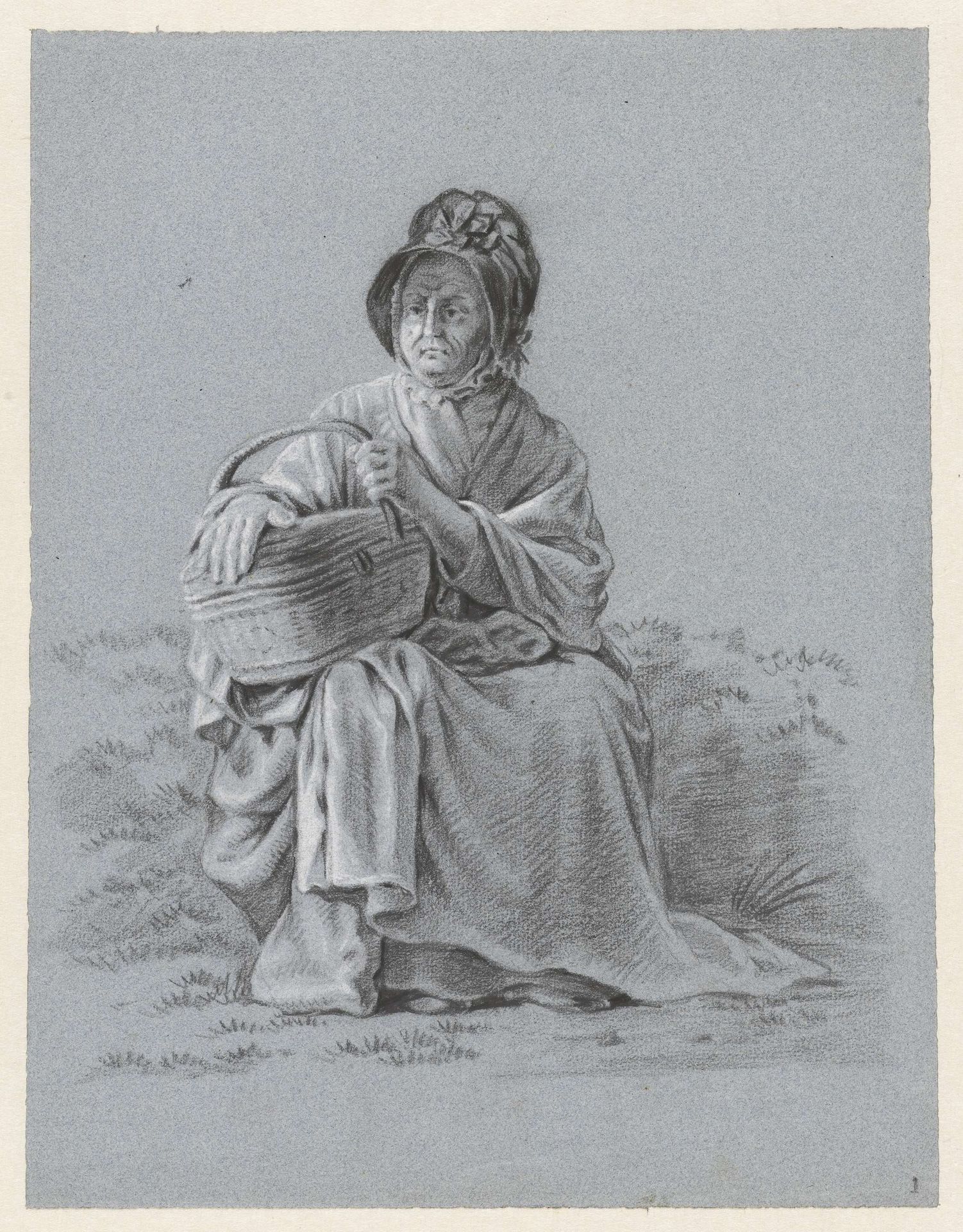 Zittende oude vrouw met een mand by Pieter Bartholomeusz. Barbiers
