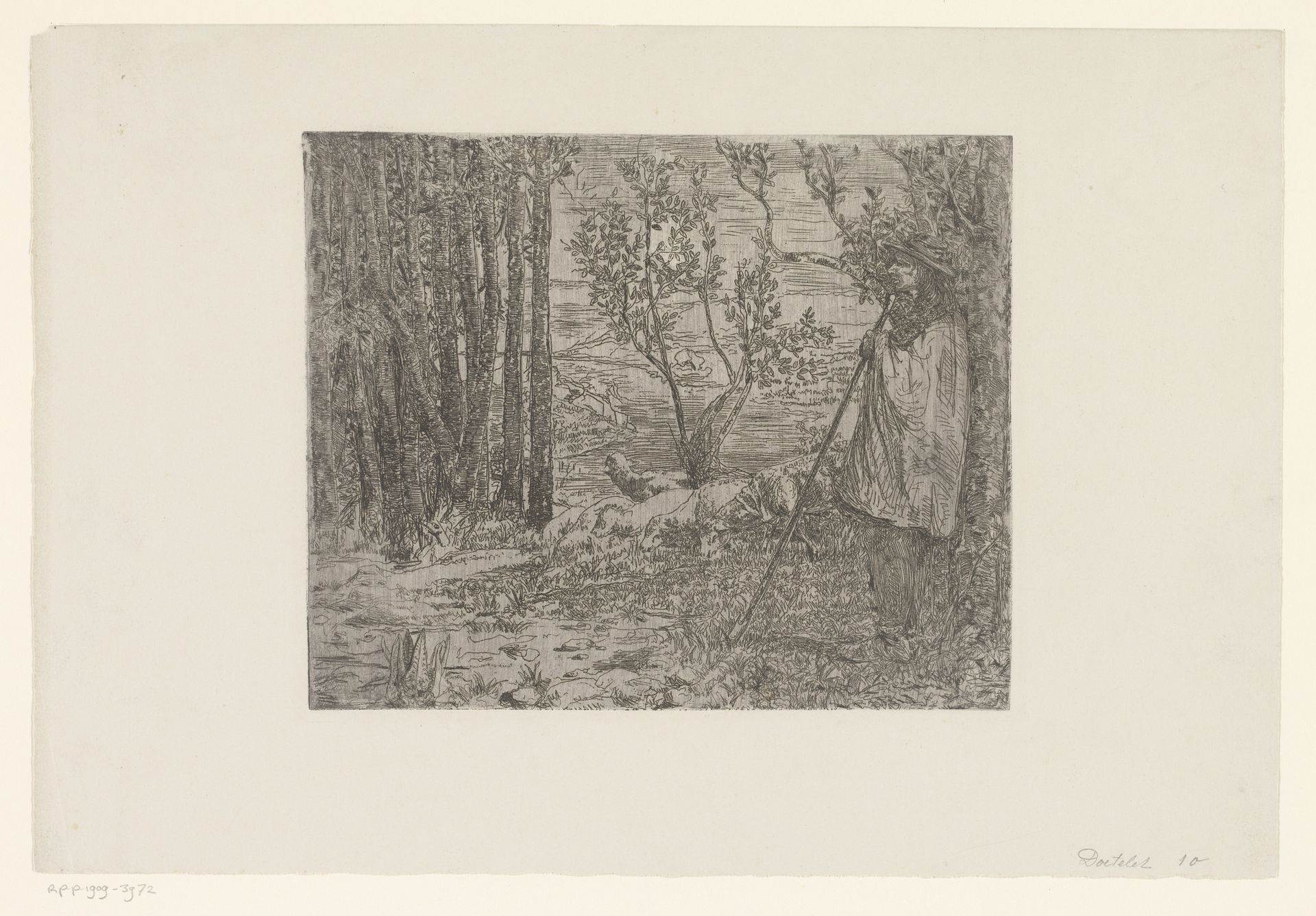 Herder met schapen in een bos by Charles Doudelet