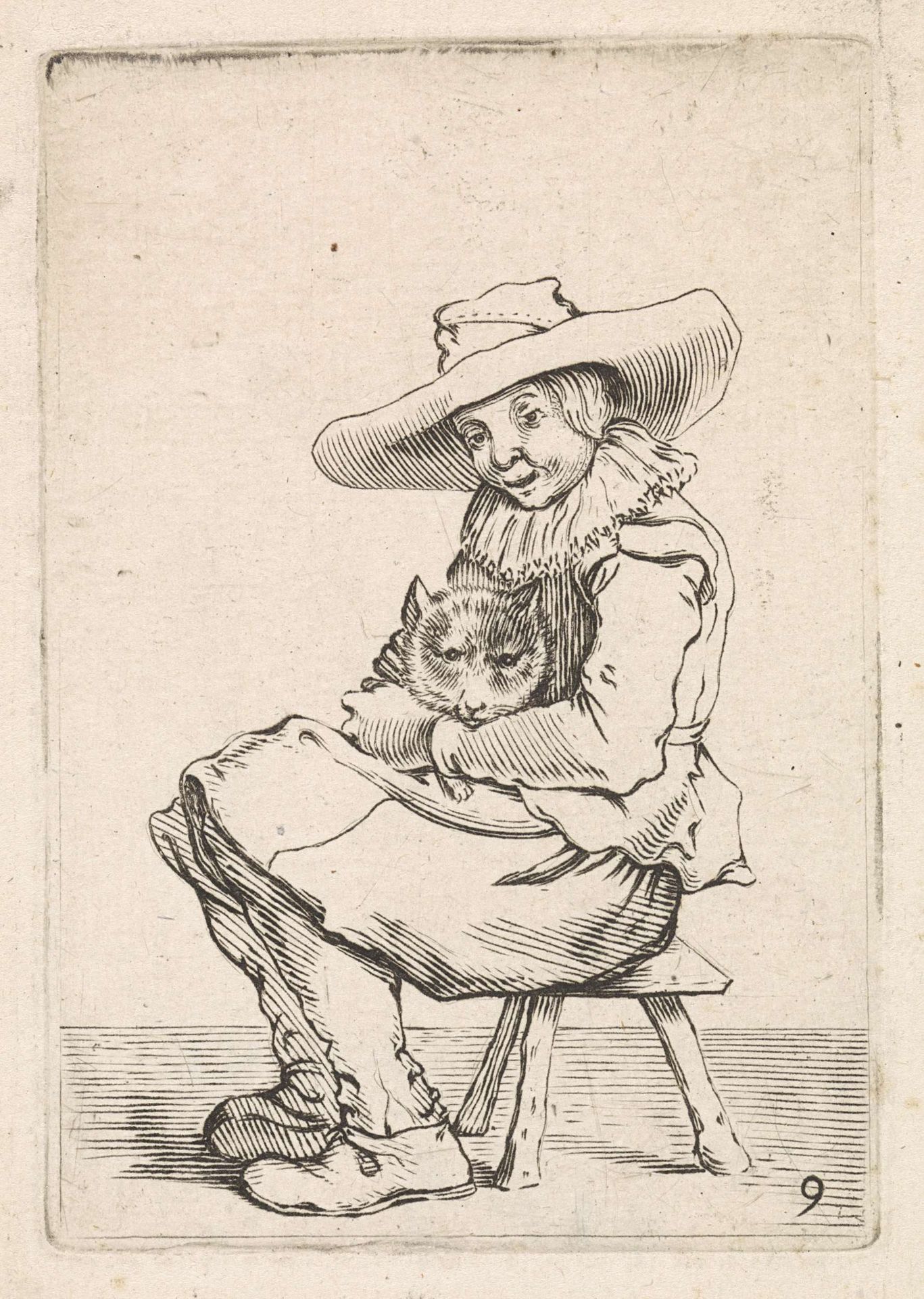 Zittende jongen met een poes op schoot by Cornelis Saftleven