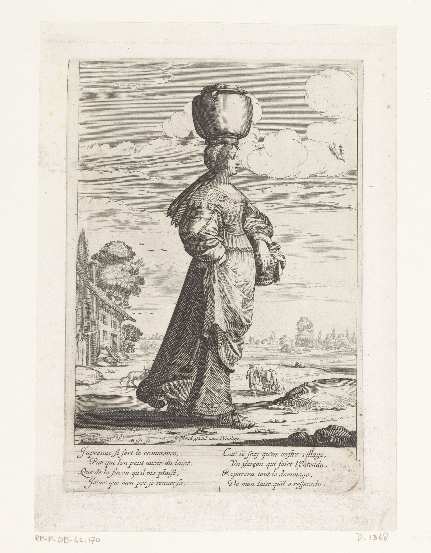 Melkmeid met een melkkruik op haar hoofd by Abraham Bosse