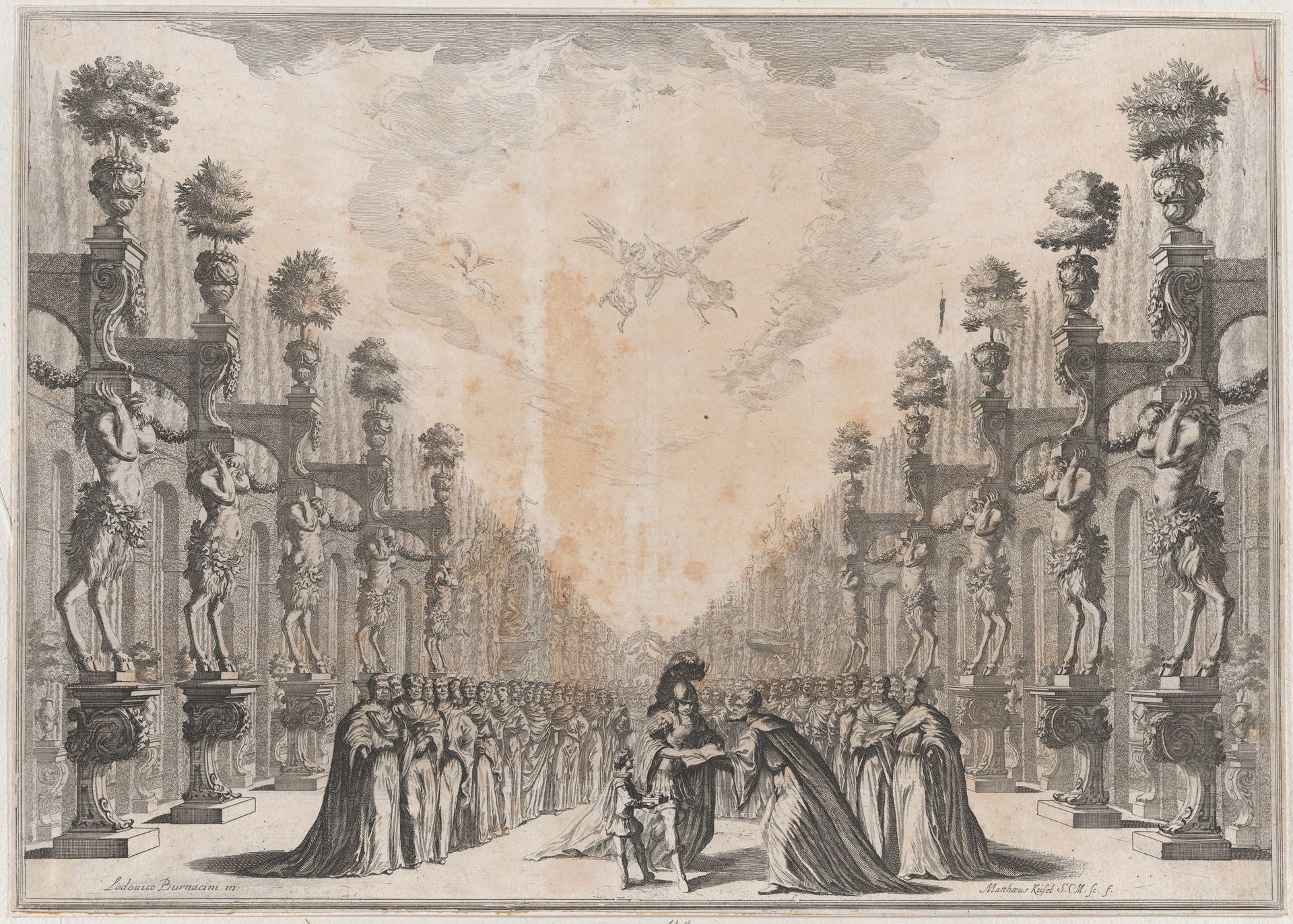 Three men at center, an old man who holding out an open book for a soldier to sign as a smaller man stands to the left holding ink; a large group of men surround them; set design from 'Il Fuoco Eterno' by Mathäus Küsel