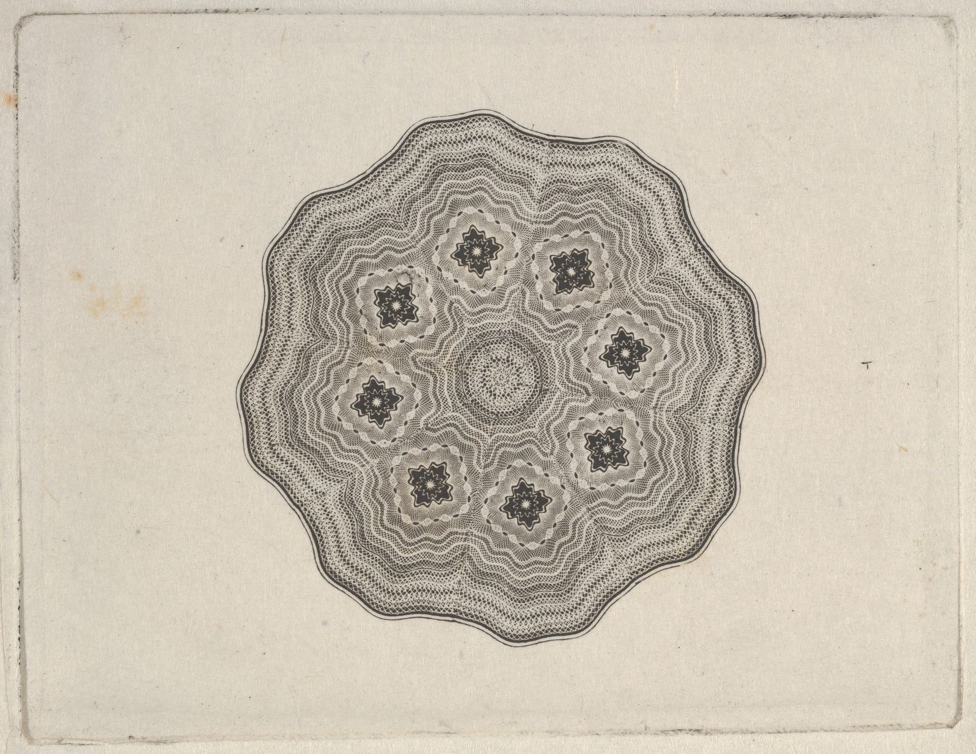 Banknote motif: rounded ornamental lathe work design with a wavy edge by Cyrus Durand