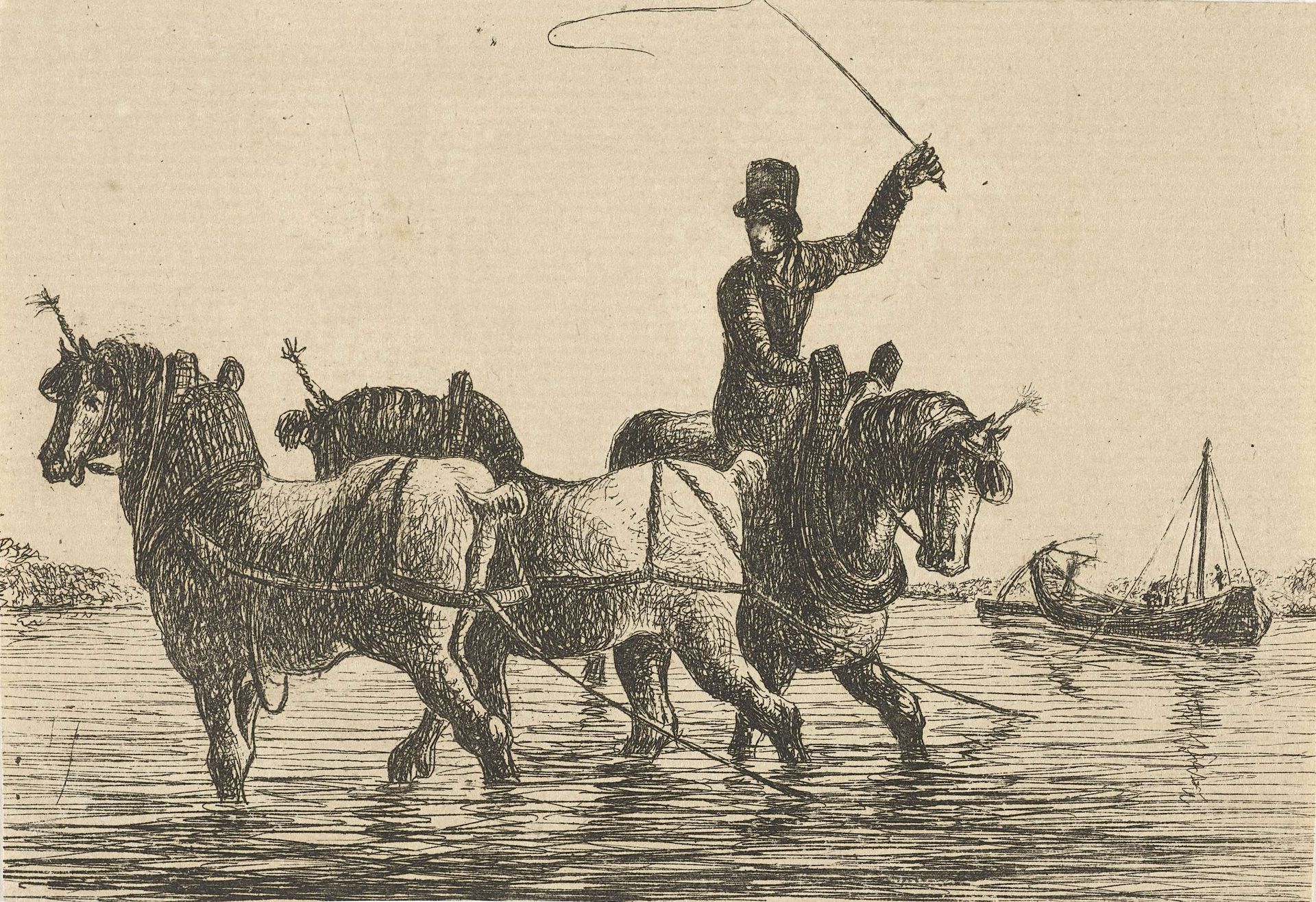 Drie trekpaarden in het water by Otto Baron Howen