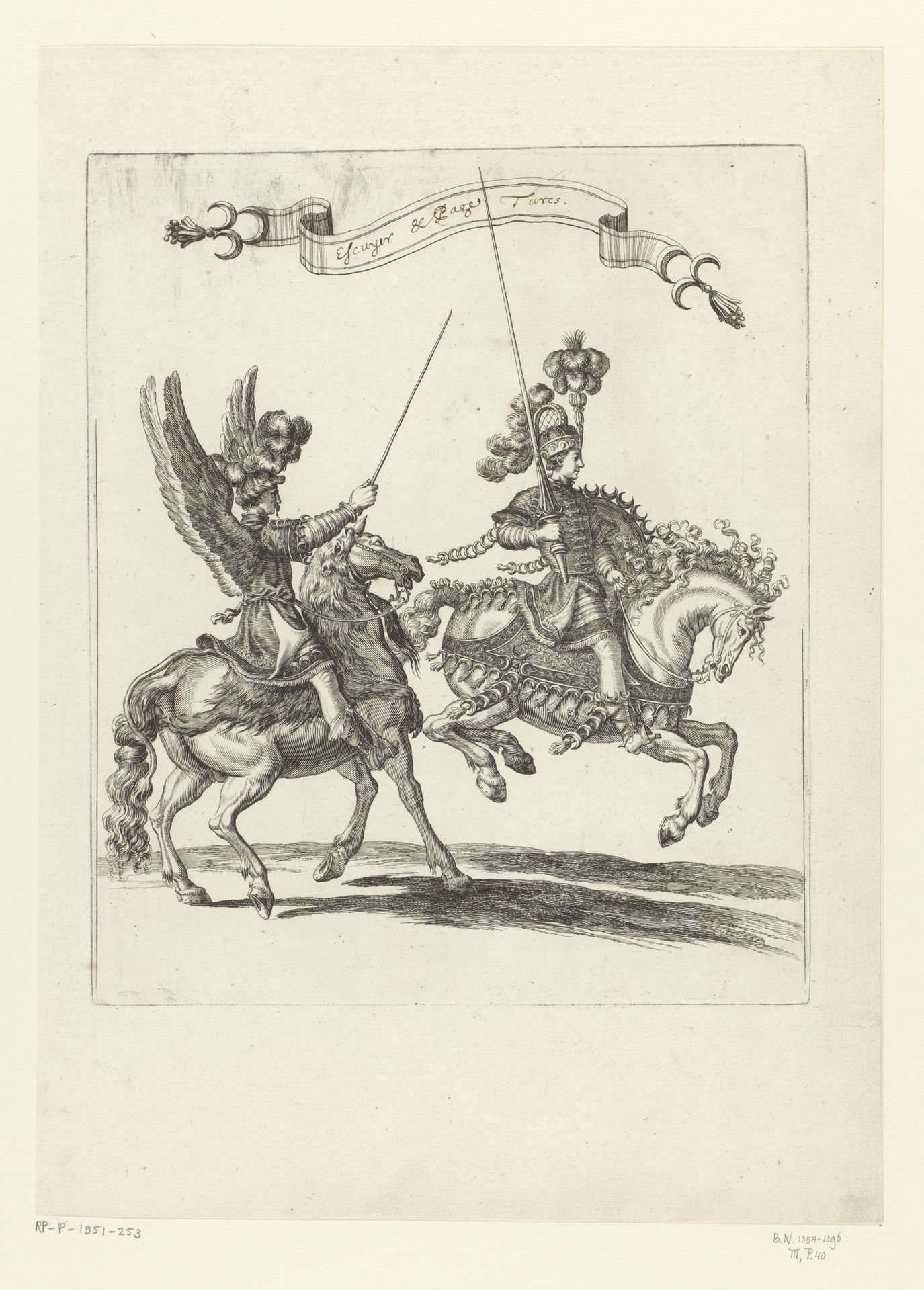 Steekspeler en bediende te paard in Turks kostuum, waarvan een met vleugels by François Chauveau