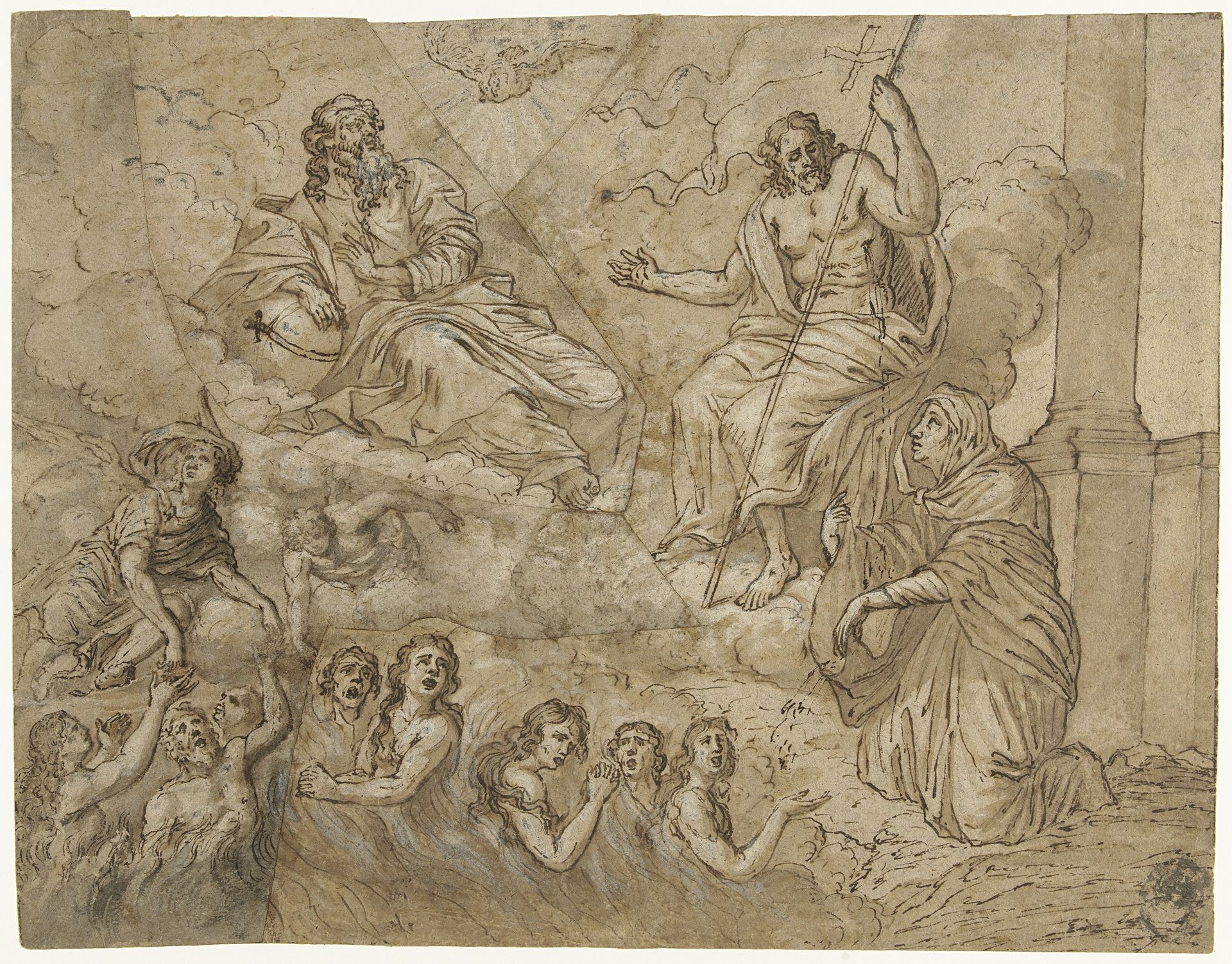 Maria als voorspraak voor zielen in het vagevuur, bij de heilige Drieëenheid by Cornelis Schut