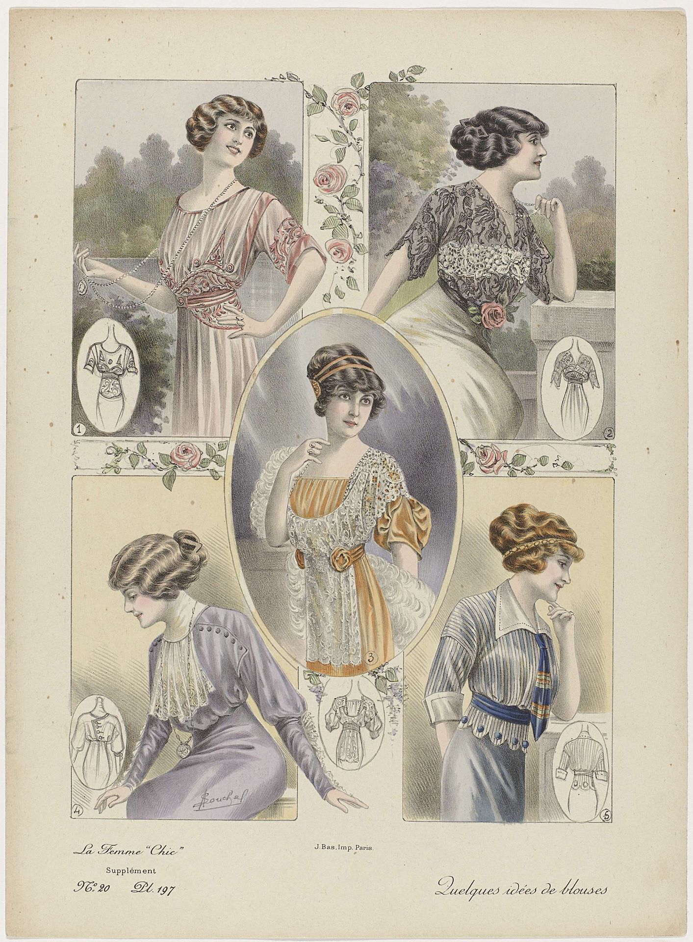 La Femme chic, Supplément, 1911, No. 20, Pl. 197 : Quelques idées de blouses (...) by A. Souchel