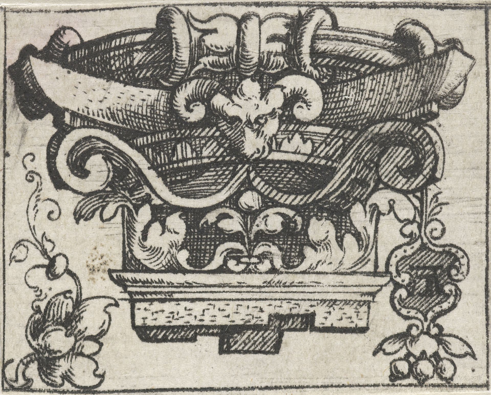 Kapiteel, gedecoreerd met bladmotieven en een ramskop by Monogrammist AL (16e eeuw)