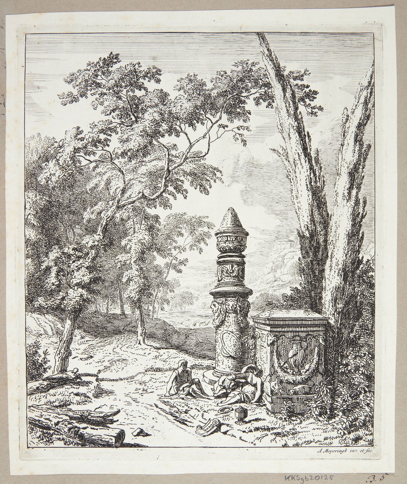 Landskab med figurer, der gør holdt ved et gravmonument by Albert Meyering