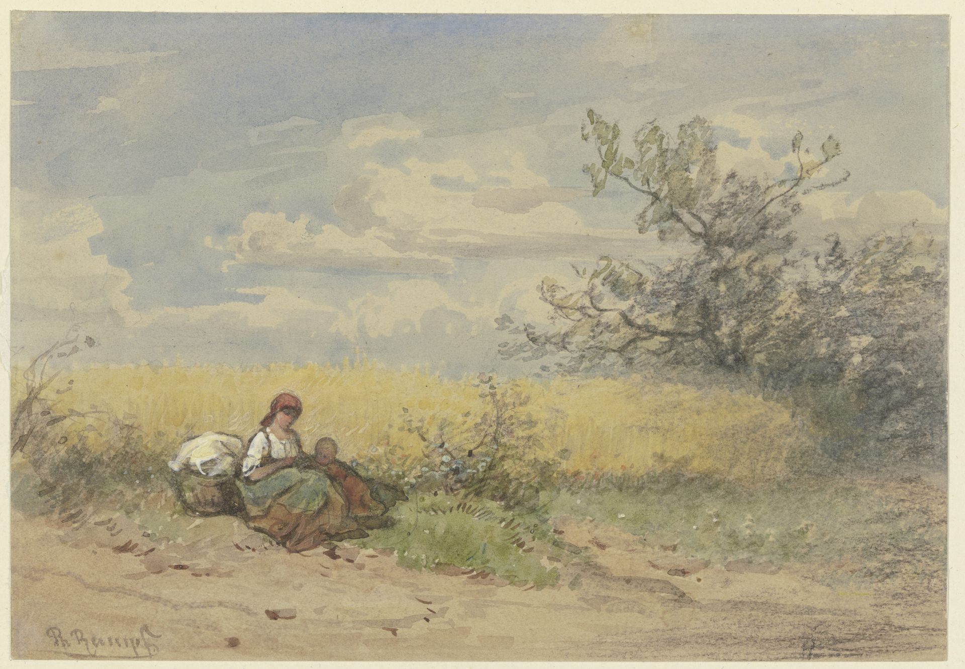 Bäuerin mit Kind vor einem reifen Kornfeld ruhend by Philipp Rumpf