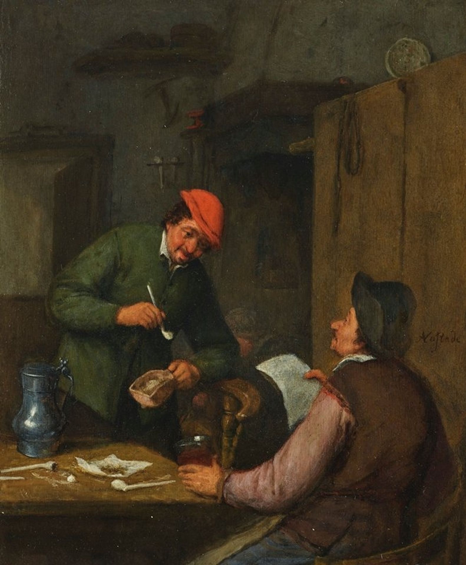Two peasants smoking, drinking and reading at an inn by Adriaen van Ostade