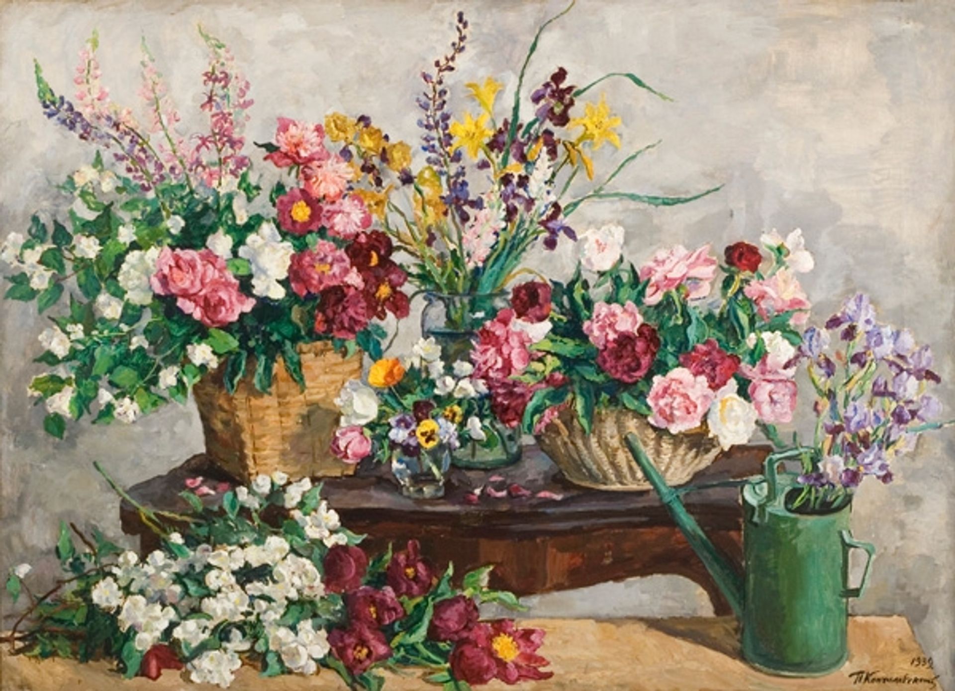 Still Life. Four bouquets on the table and watering can. by Pyotr Konchalovsky