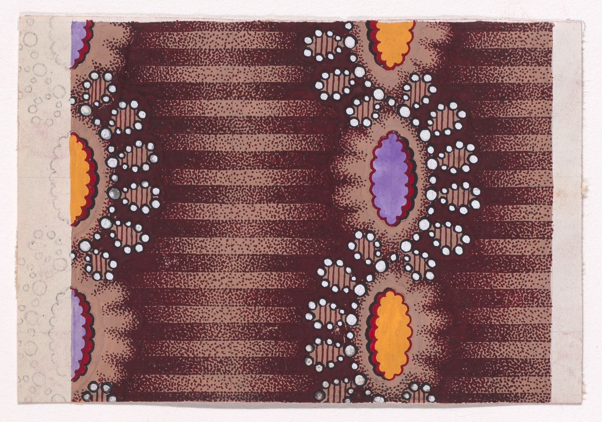 Textile Design with Vertical Undulating Strips of Pearls with Alternating Offsetting Stylized Leaves and Rosettes over a Striped Background by Anonymous