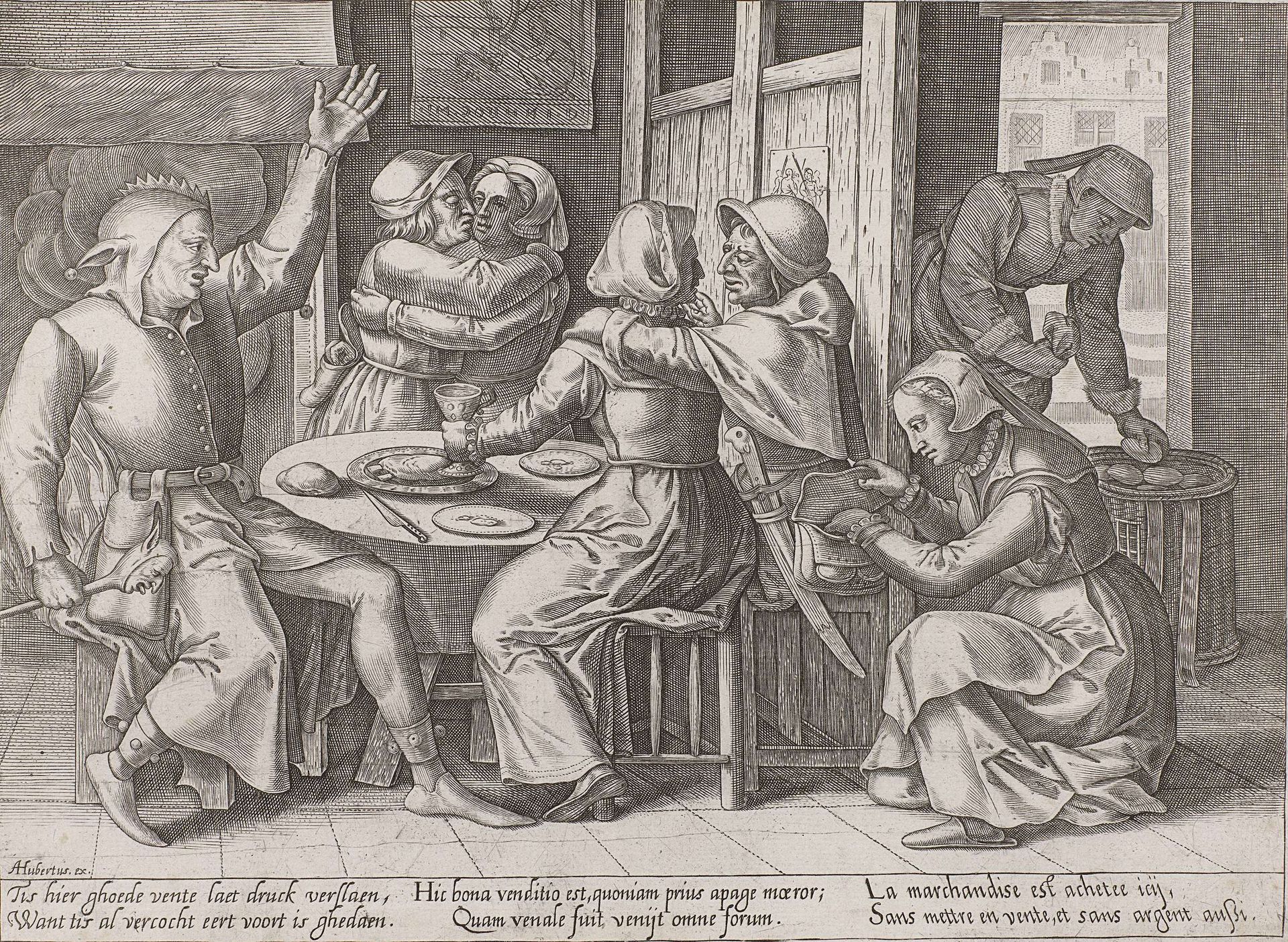 Drinkend gezelschap met een nar by Adriaen (I) Huybrechts