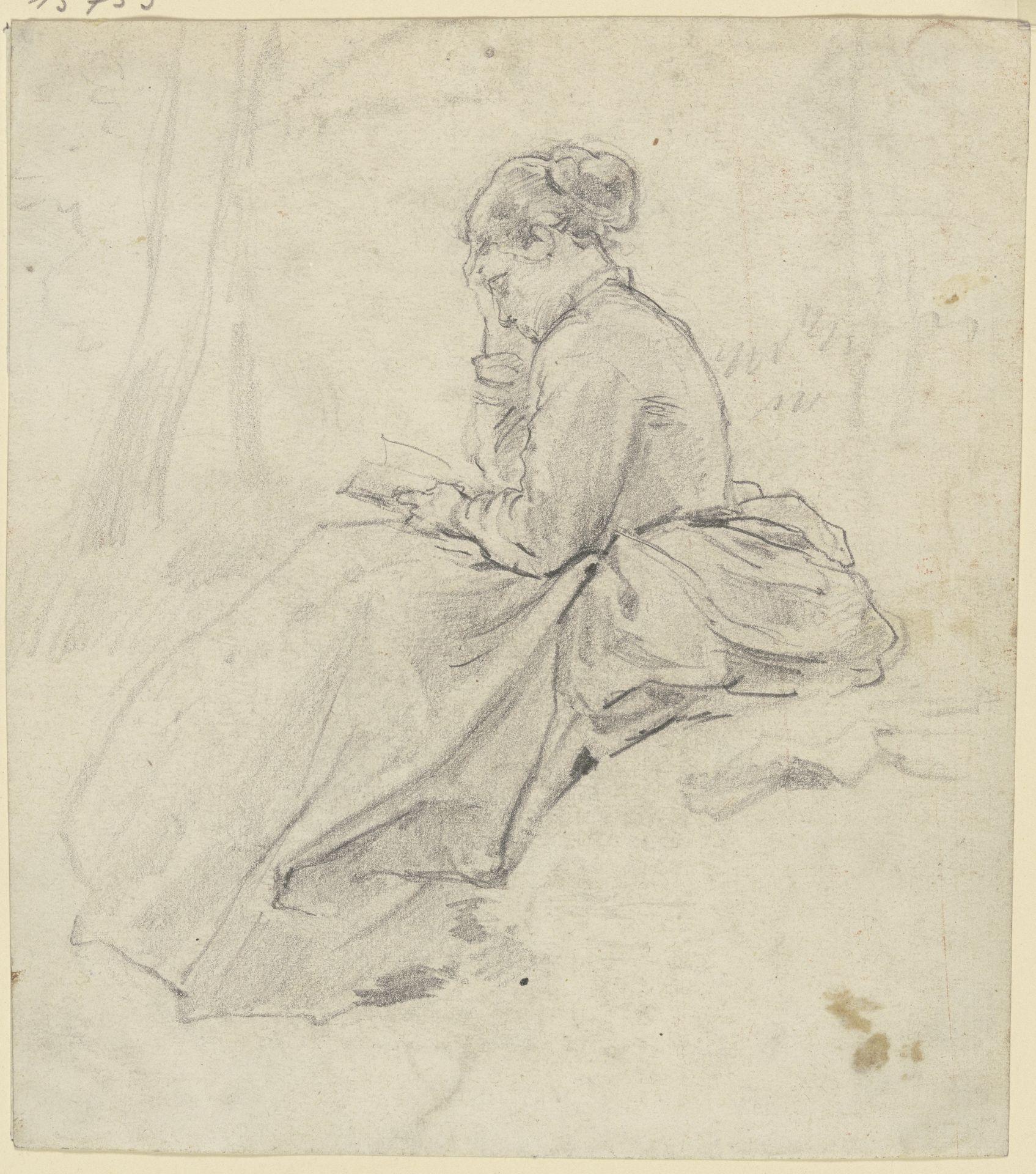 Sitzende Frau mit Buch auf einer Rasenbank by Philipp Rumpf