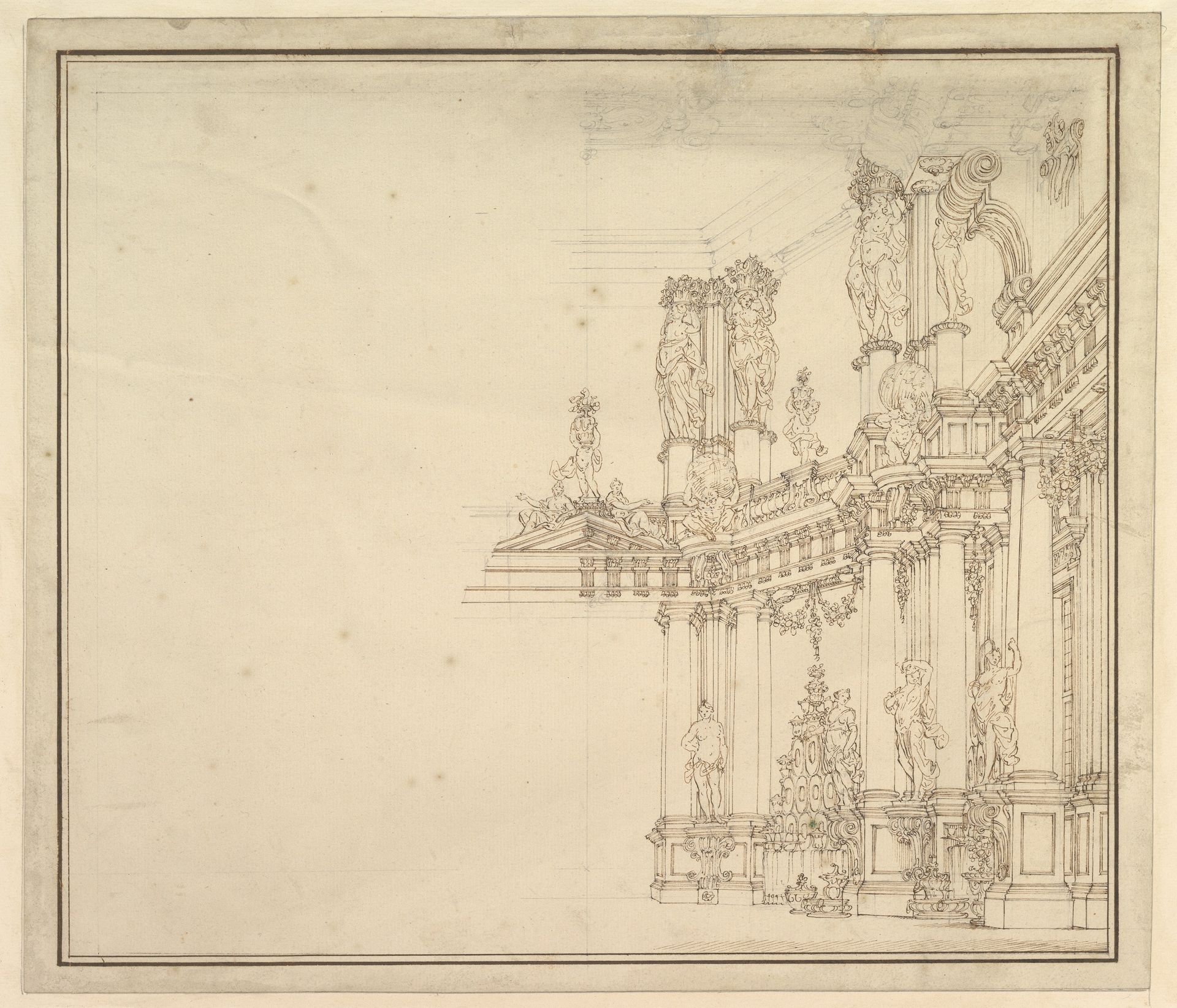 Design for a Stage Set: Palace Hall with Columns and Statues. by Giuseppe Galli Bibiena
