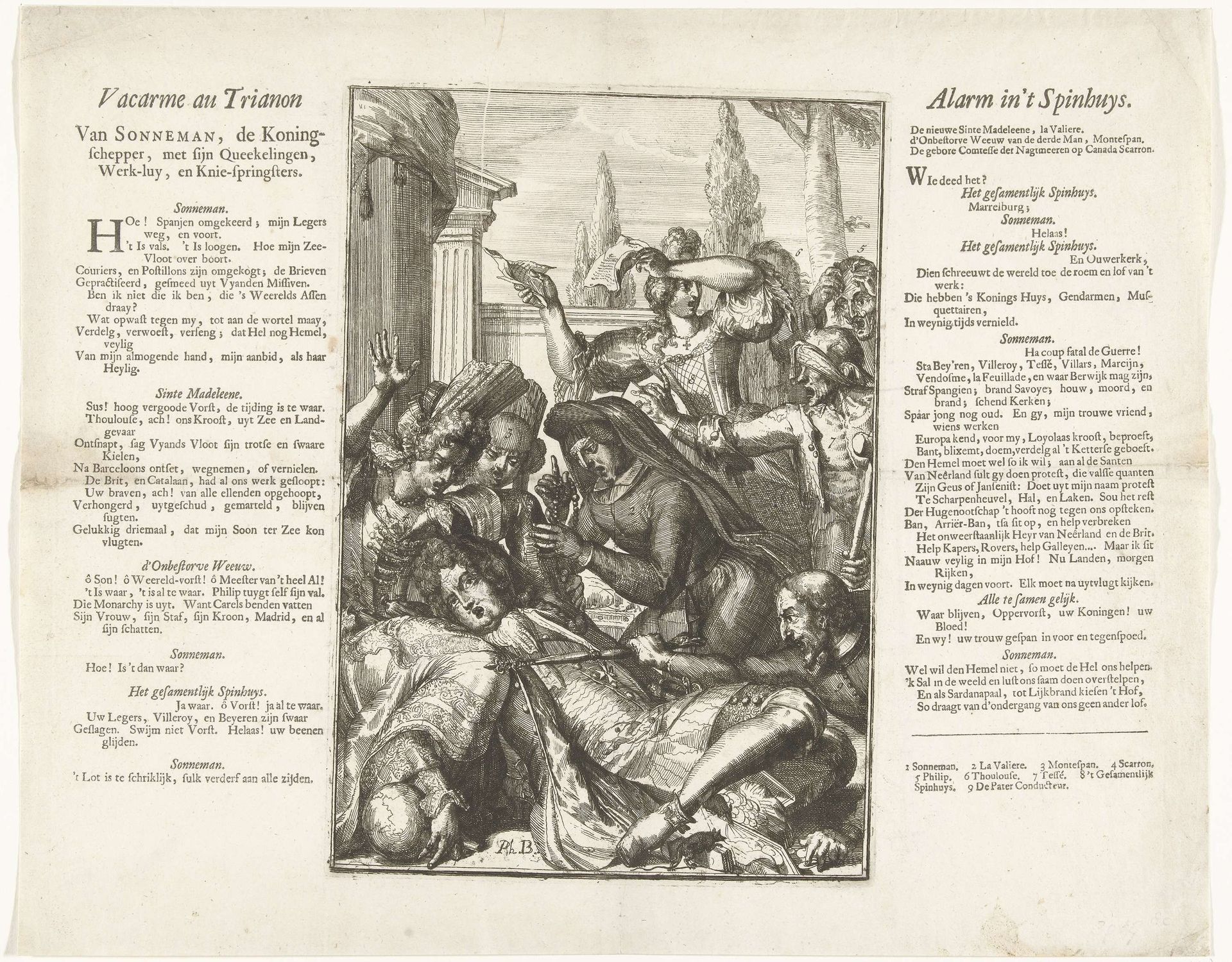Lodewijk XIV valt ziek na het eten van harde Spaanse noten, 1706 by Romeyn de Hooghe