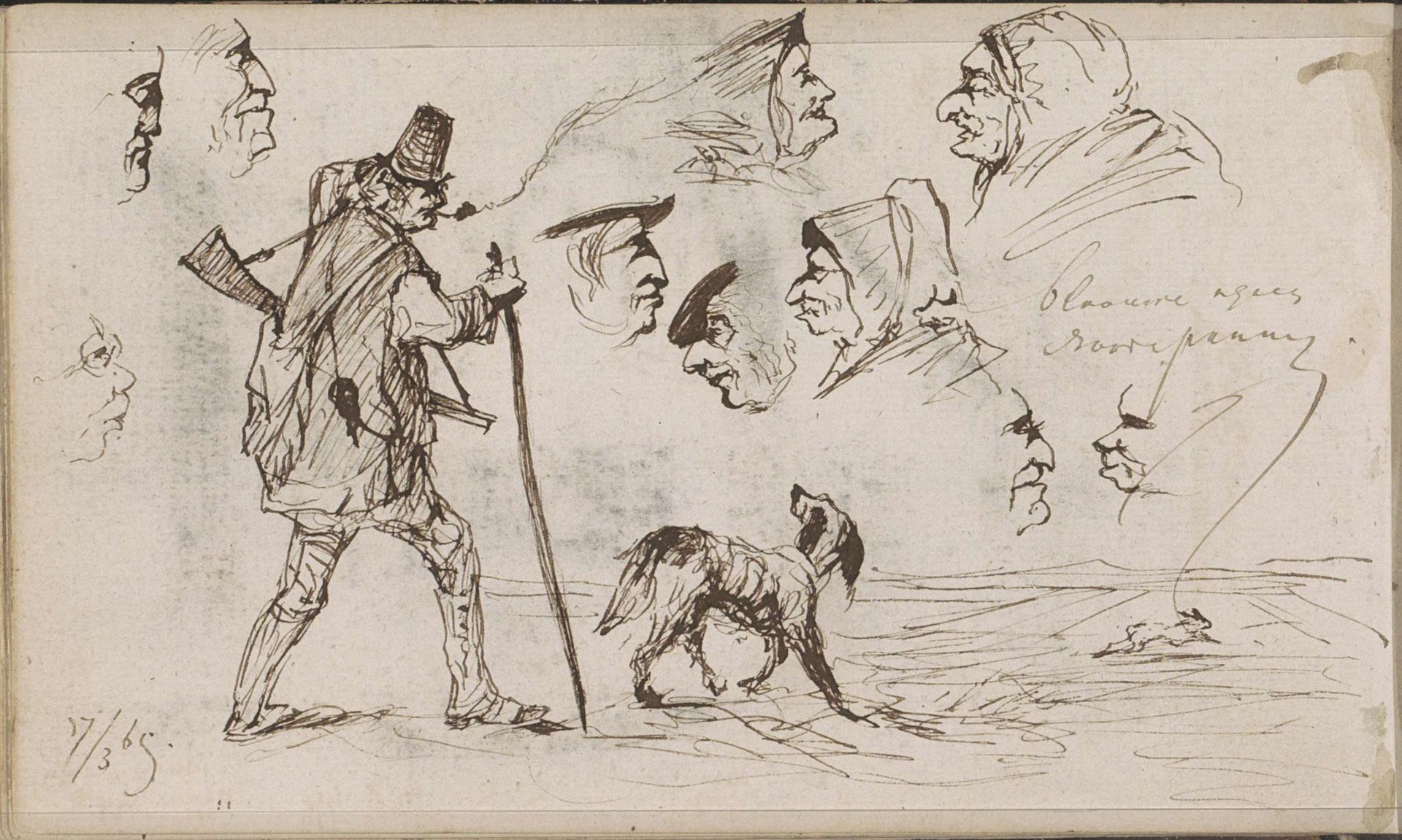 Weiland met een jager, hond en een haas by Johannes Tavenraat