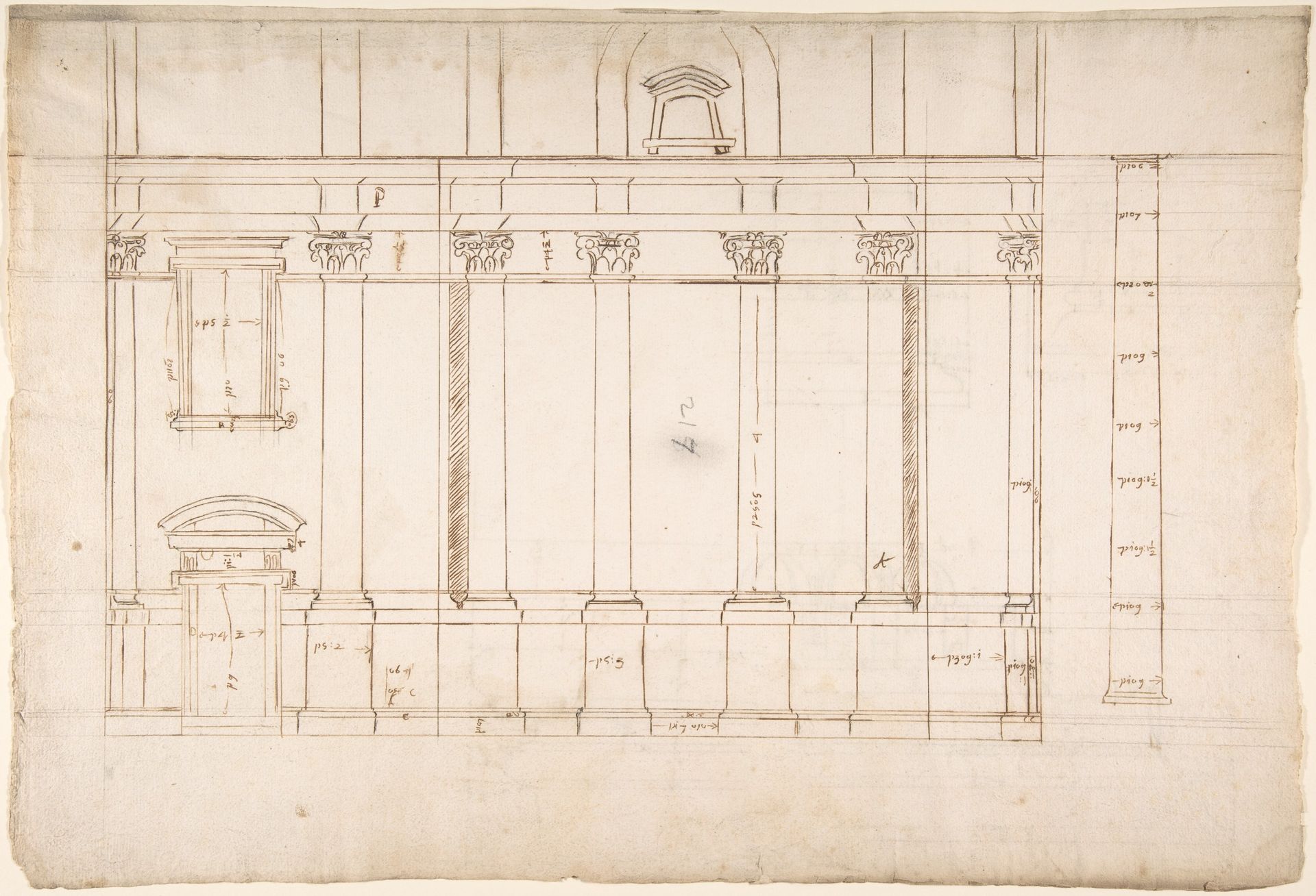 Santa Maria Maggiore, Sforza Chapel, elevation (recto) Unknown, entablature, partial cornice, and column or pilaster base profile (verso) by Anonymous