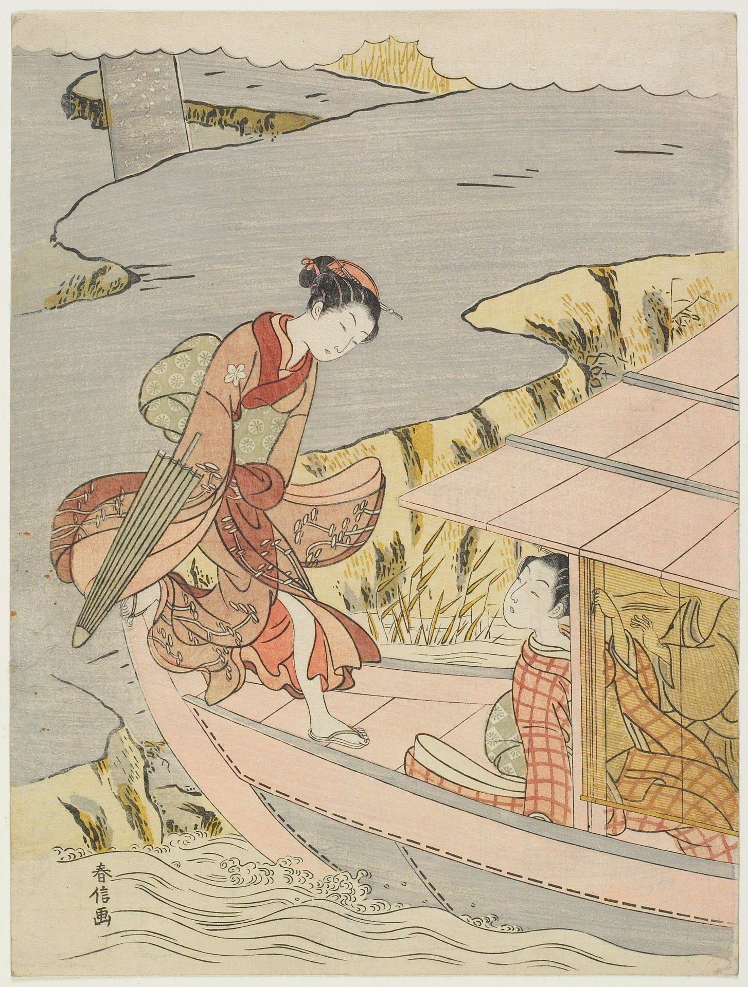 Woman Boarding a Boat by Suzuki Harunobu 鈴木春信