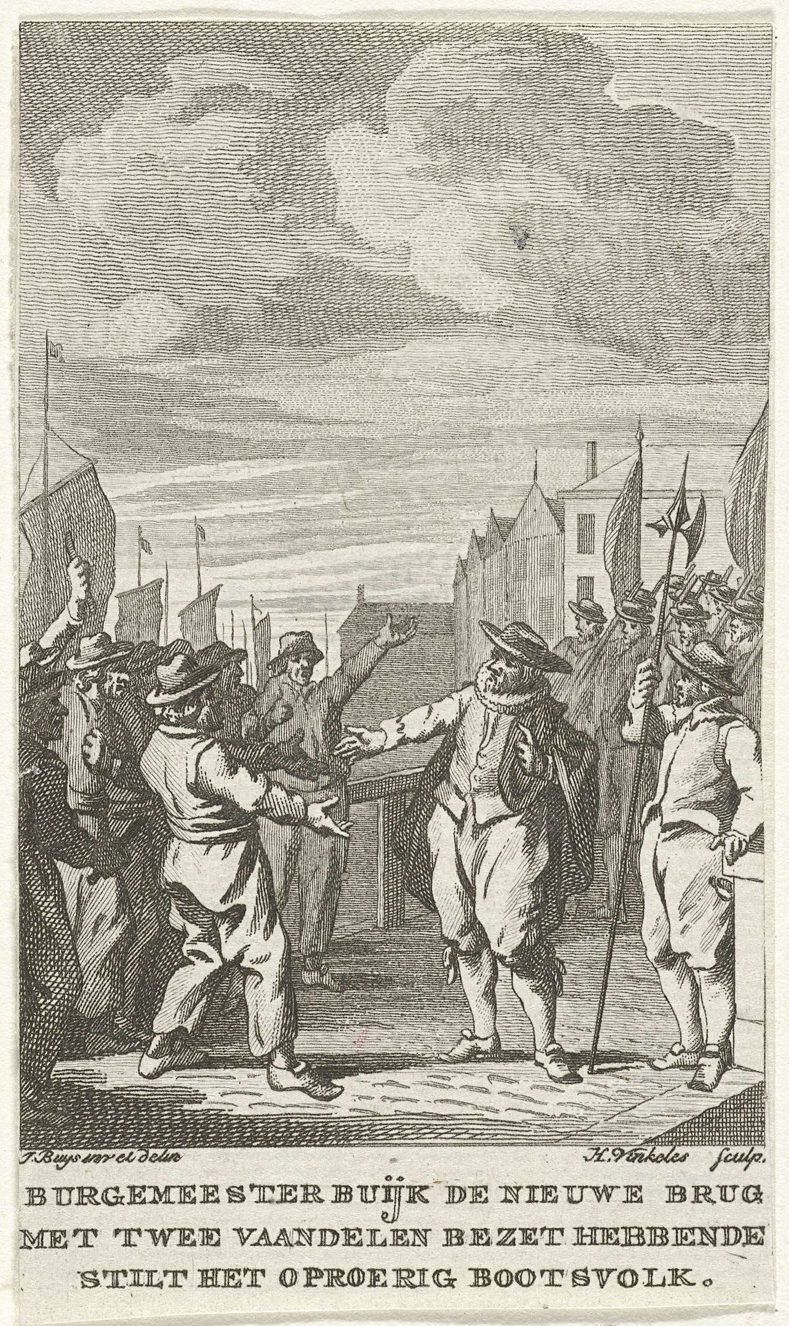 Burgemeester Joost Buyck kalmeert het bootsvolk, 1567 by Harmanus Vinkeles