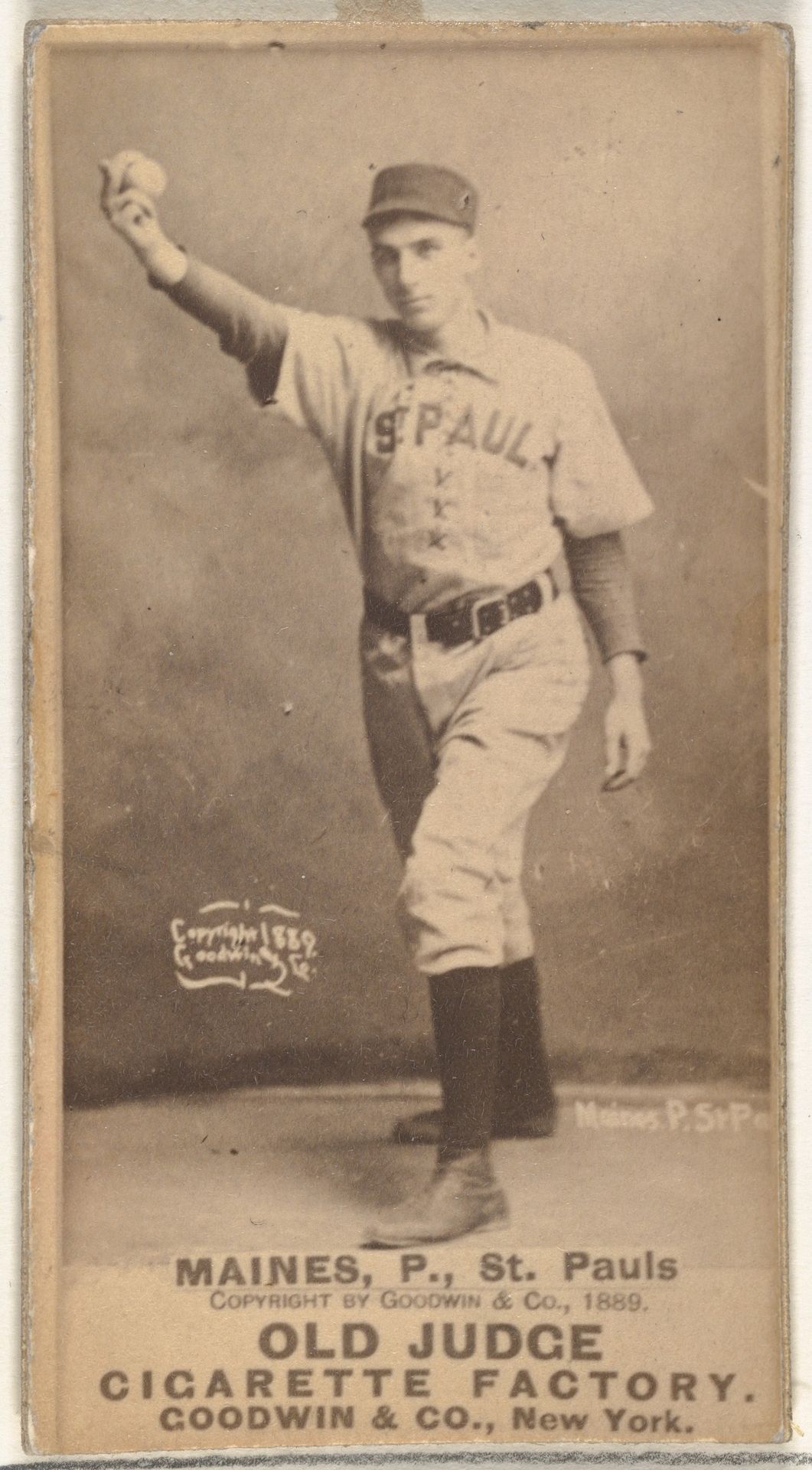 Willard Eben Mains, Pitcher, St. Paul Apostles, from the Old Judge series (N172) for Old Judge Cigarettes by Goodwin & Company