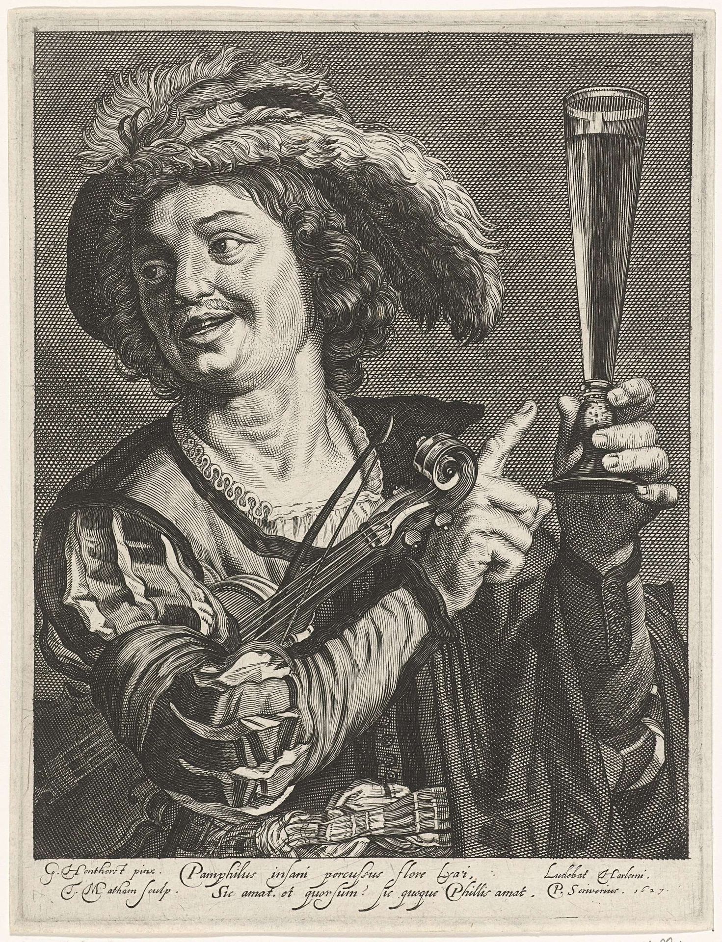 Man wijst naar glas in linkerhand by Theodor Matham