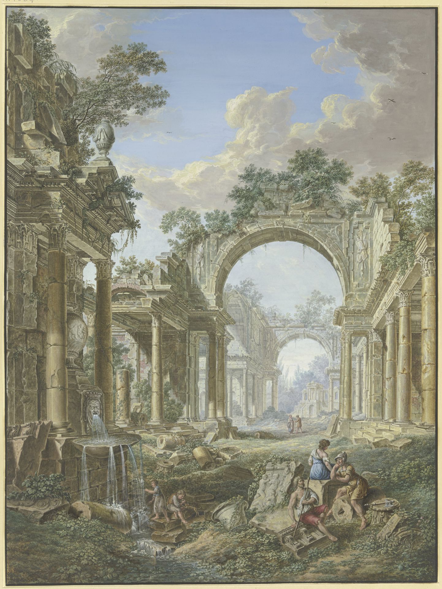 Römische Ruinen, links ein Brunnen, mit Staffage by Jean François Gout