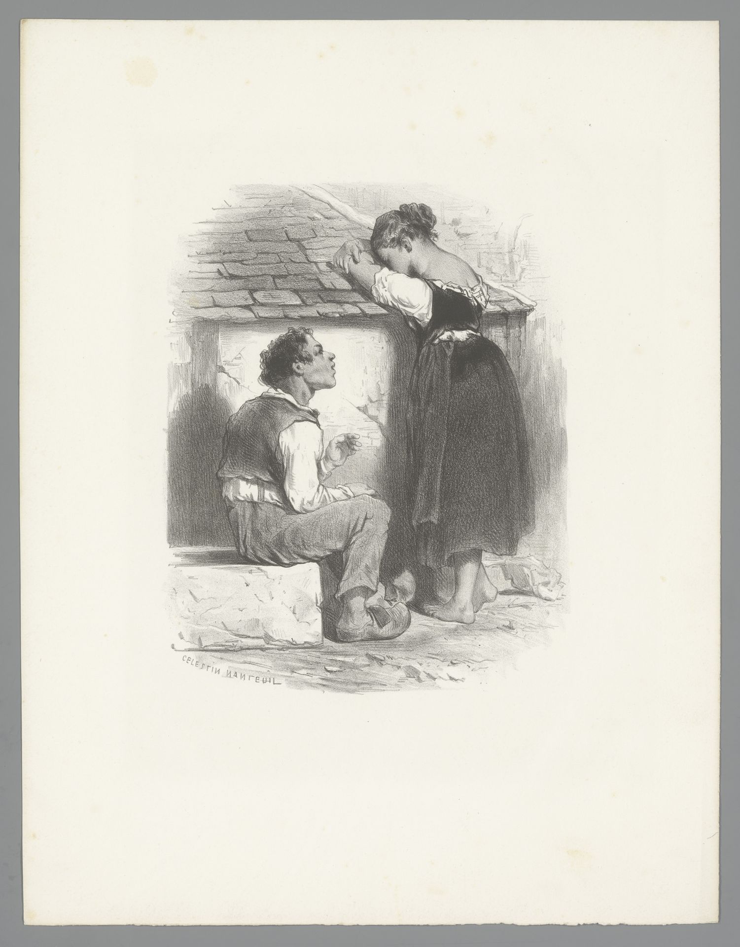Man zit naast staande huilende vrouw by Célestin Nanteuil