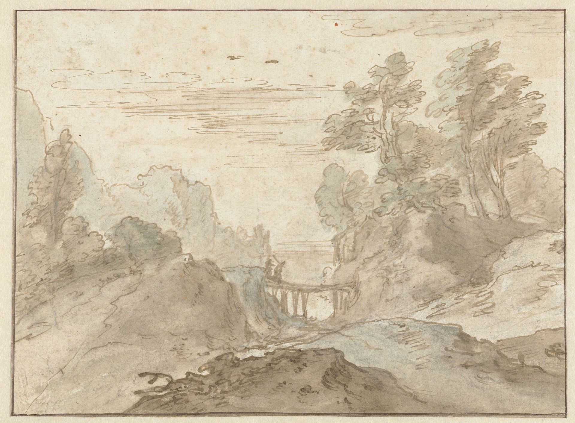 Berglandschap met twee figuren op een smalle brug by Pieter Dircksz Santvoort