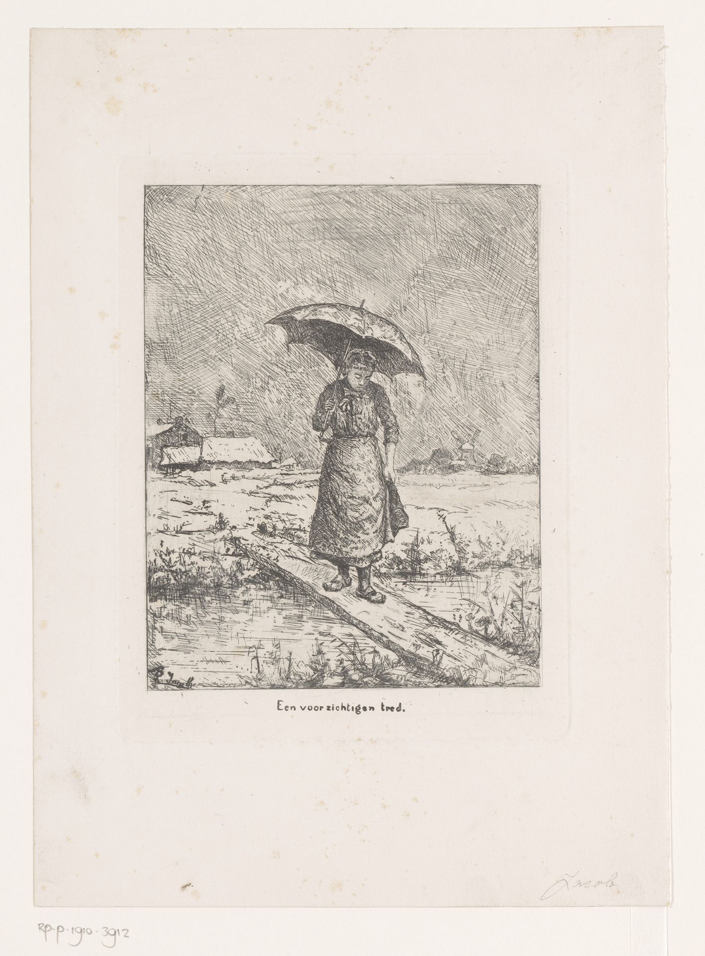Jonge vrouw met een paraplu steekt een smalle brug over by Louis Adolphe Jacobs