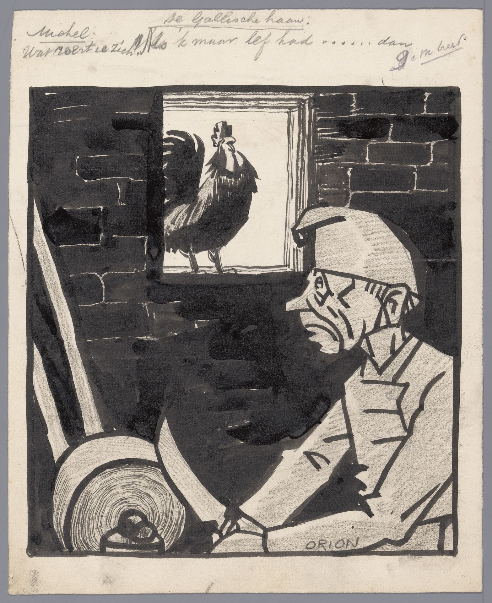 Man slijpt mes terwijl de Franse haan kraait by Patricq Kroon