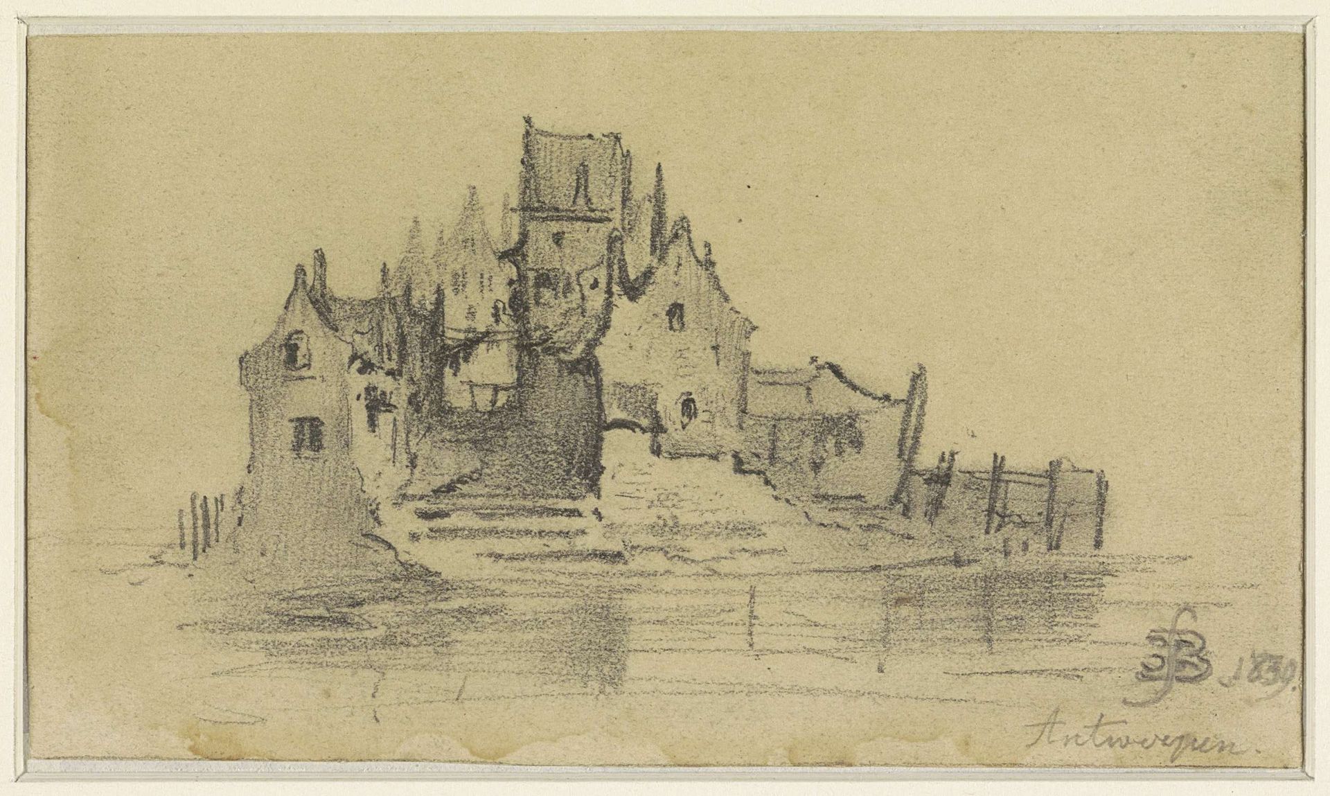 Groepje huizen omringd door water by Eugène François de Block