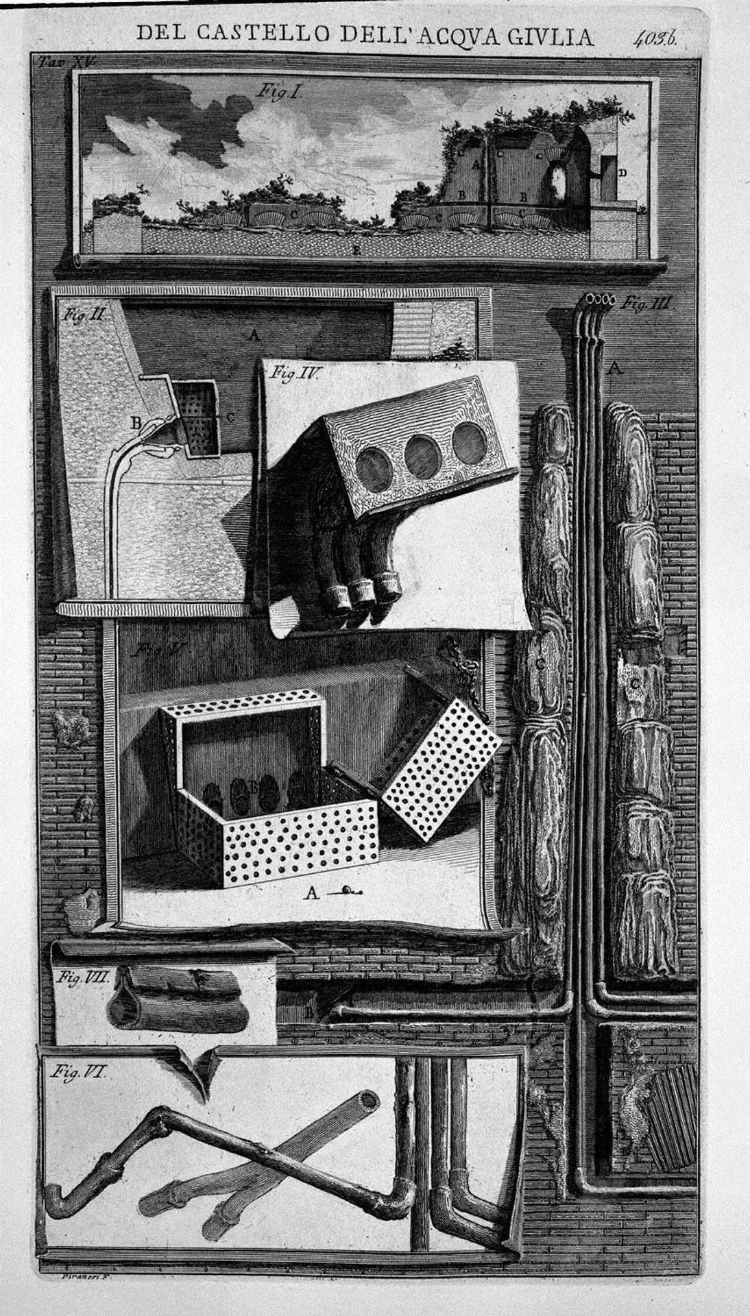 Elevation of the inside wall of the ruins of the castle and the events of the external details related to the bed and fistulas water distribution by Giovanni Battista Piranesi