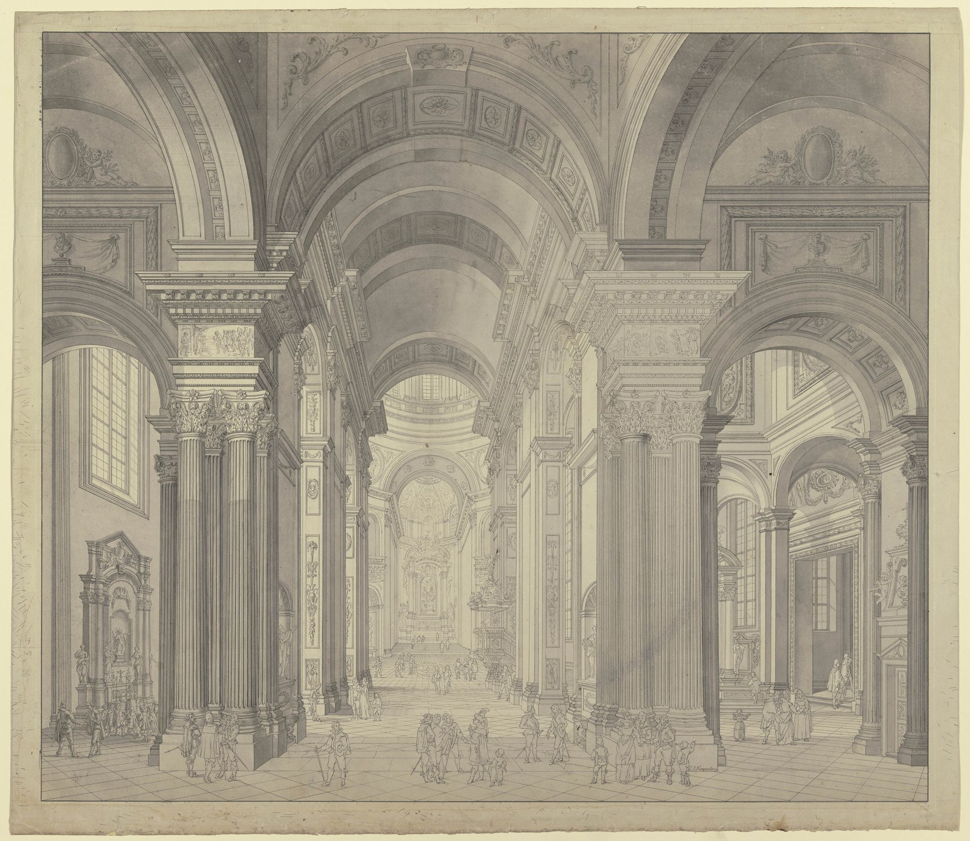 Blick in das Innere einer Barockkirche mit Staffagefiguren in der Tracht des 17. Jahrhunderts by Johann Ludwig Ernst Morgenstern