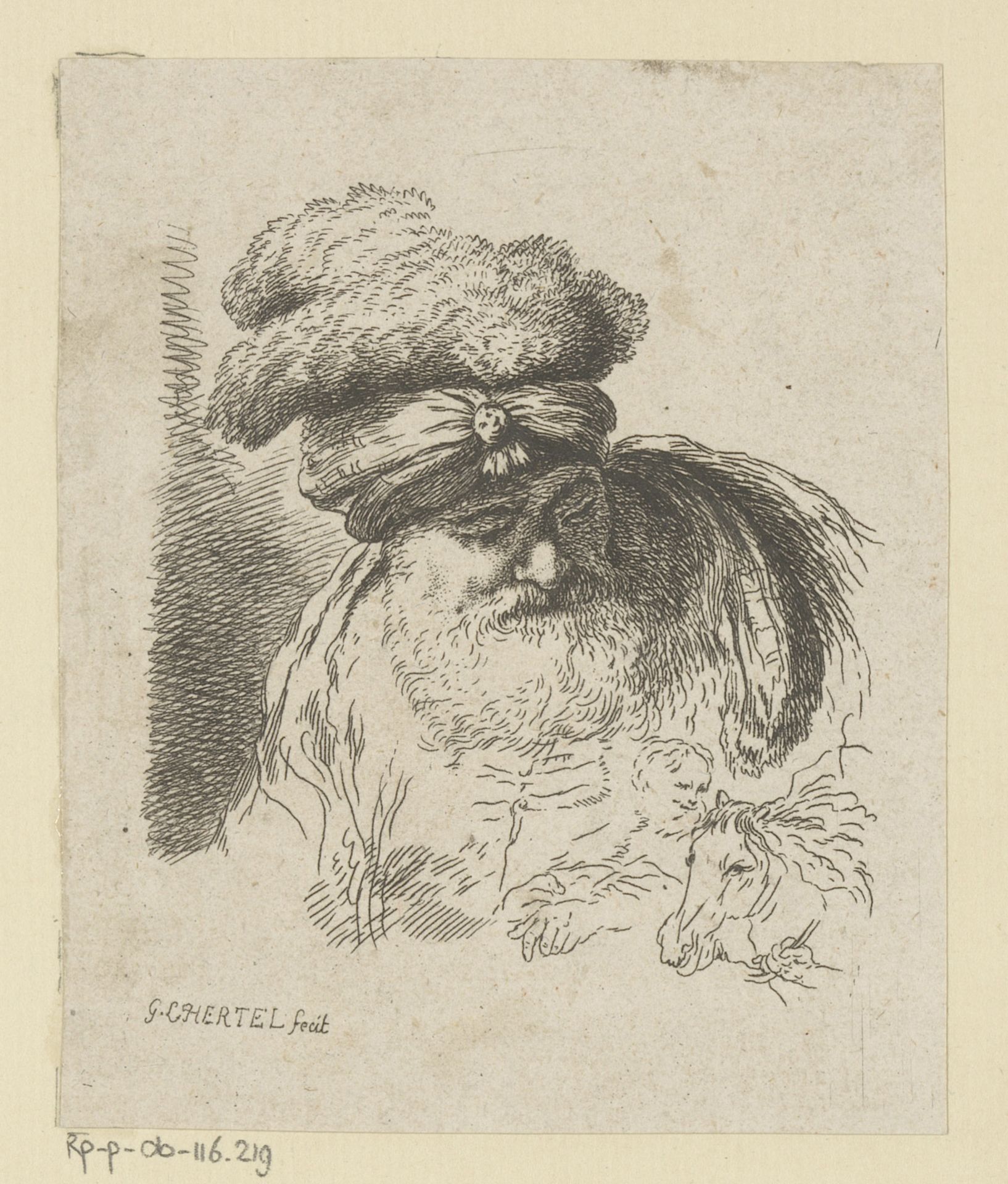 Kop van een oude man met tulband en rechtsonder een kleine kop, hand en paardenhoofd by Georg Leopold Hertel