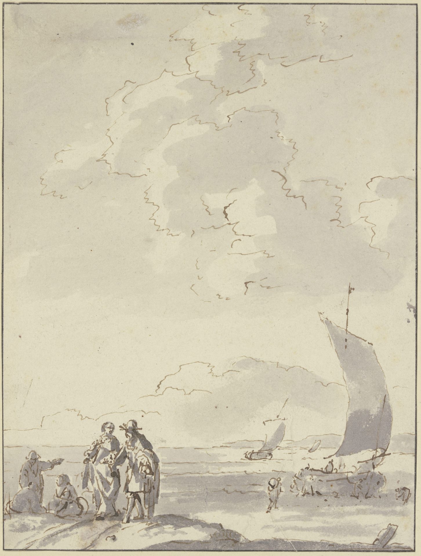 Strand, vorne links ein Herr und eine Dame, daneben drei andere Figuren, rechts drei Segelboote by Ludolf Backhuysen
