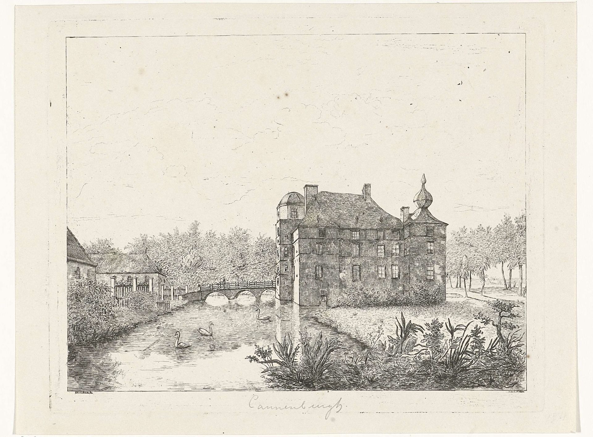 Zijaanzicht van kasteel de Cannenburch met huizen bij de toegangsbrug by Reinierus Albertus Ludovicus baron van Isendoorn à Blois